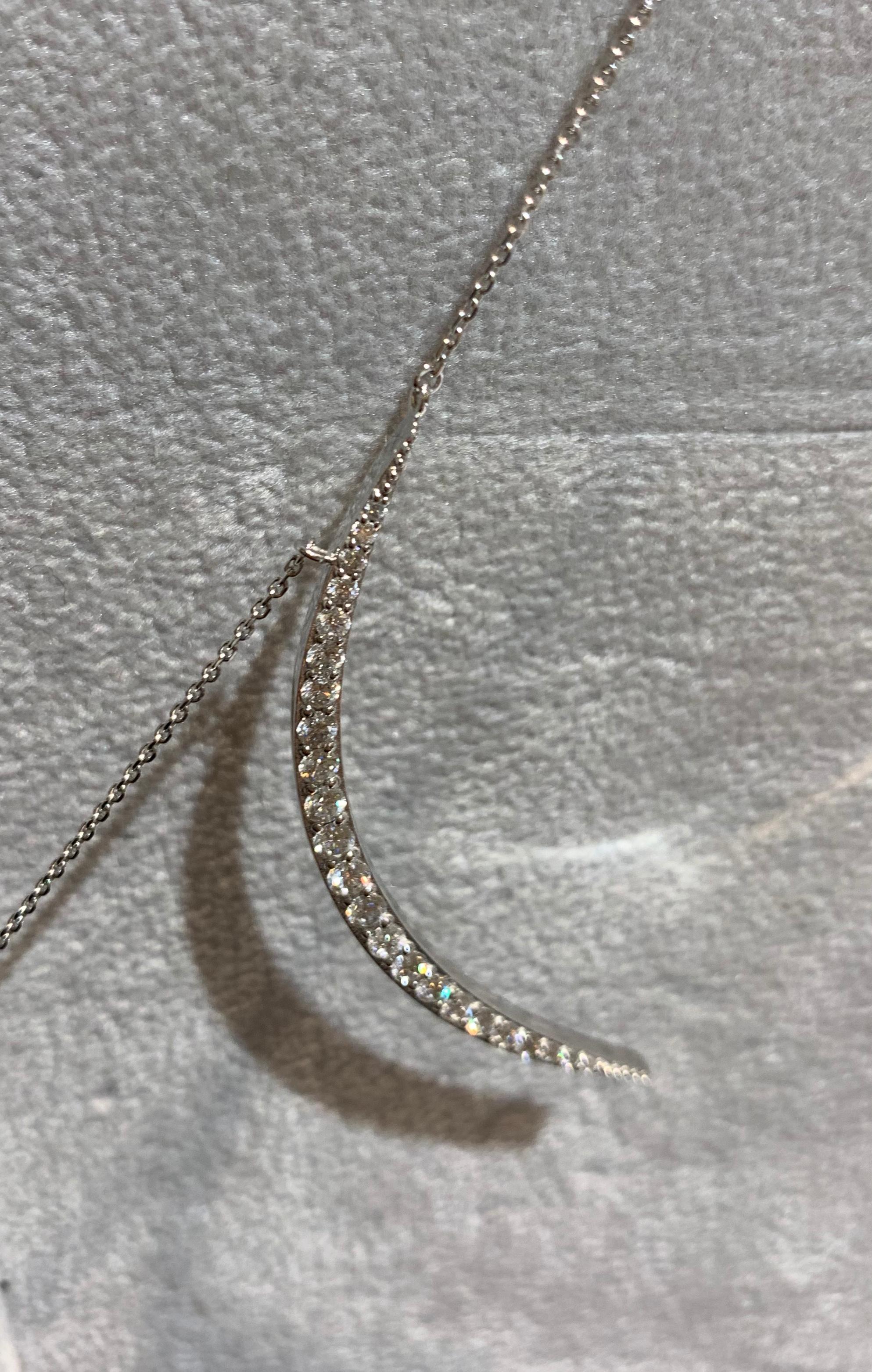 Round Cut Bee Goddess 14 Karat White Gold 0.75 Carat Diamond Crescent Necklace For Sale