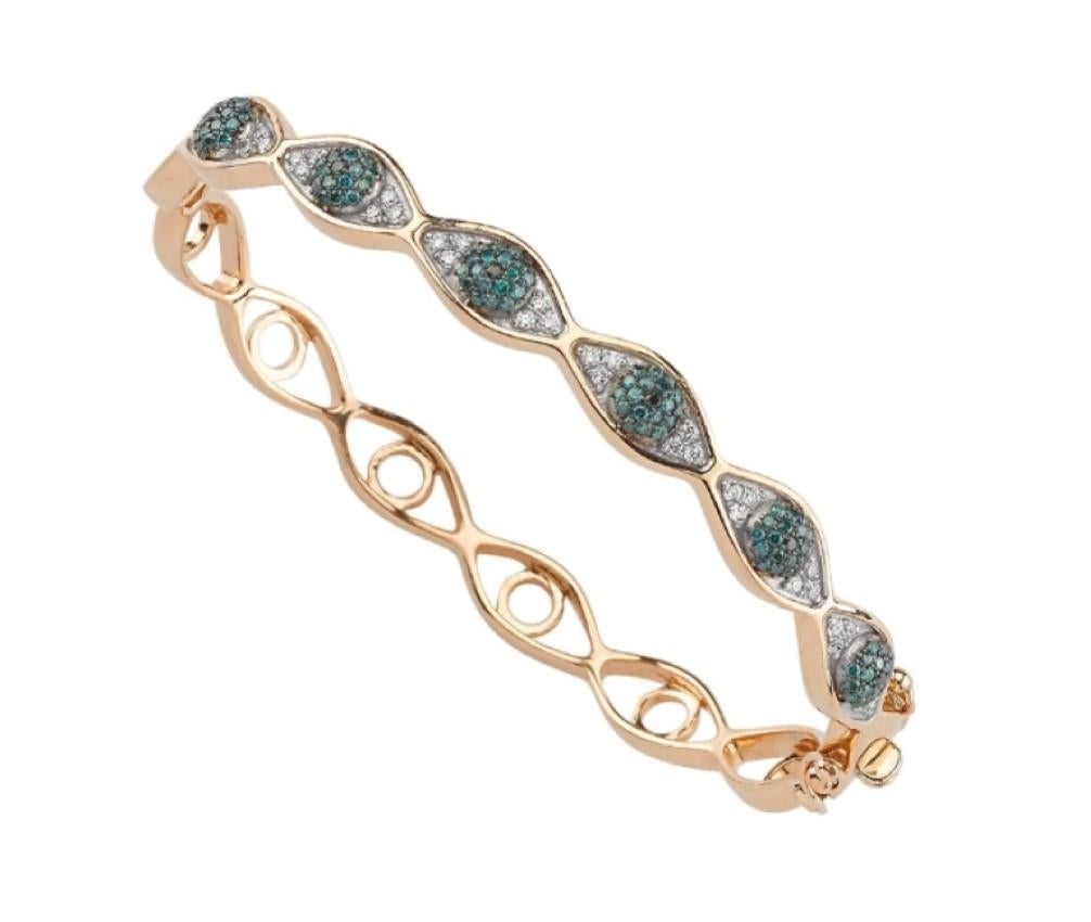 Bee Goddess Eye Light Bangle 14k Gold Blue/White Diamond In New Condition For Sale In West Hollywood, CA