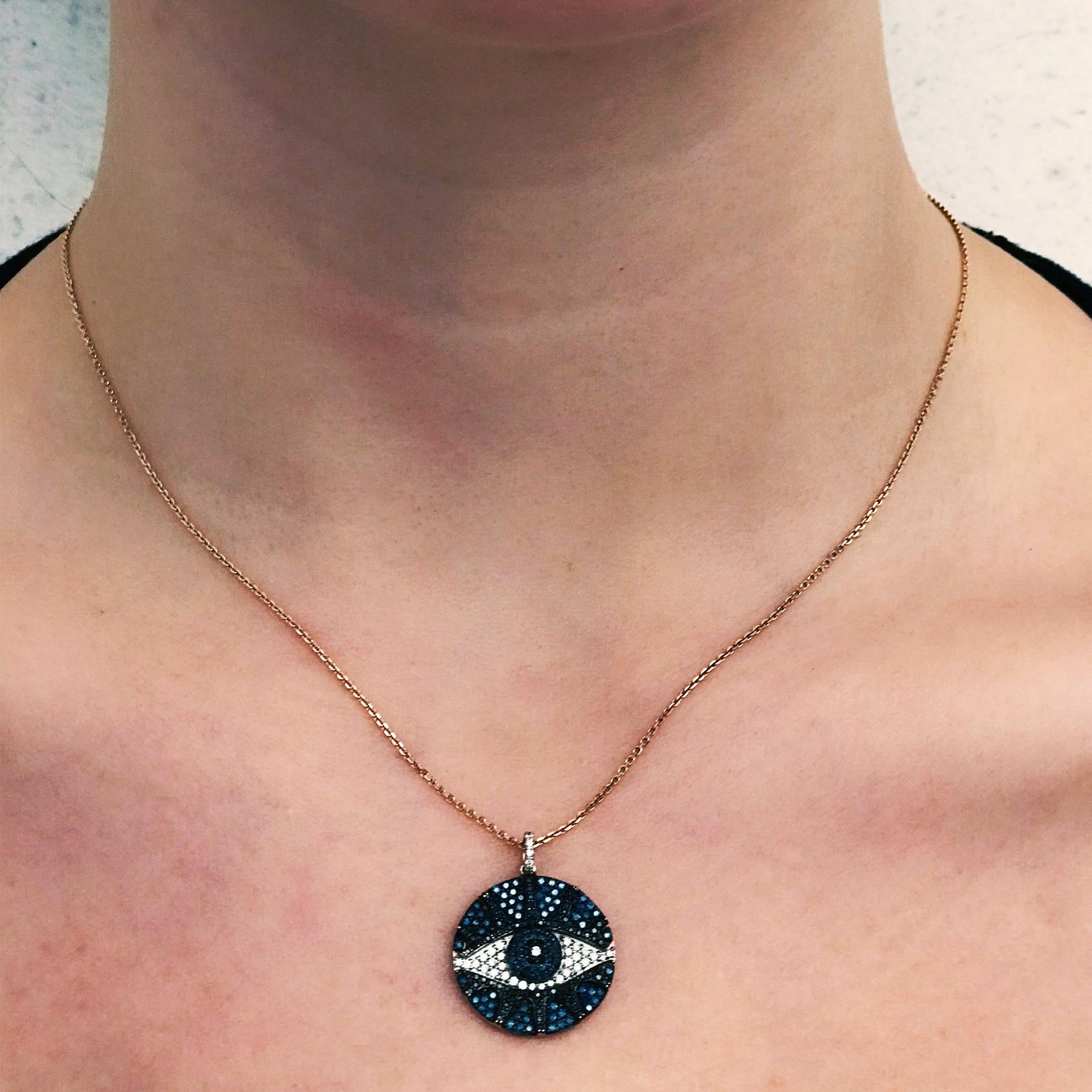 Contemporary Bee Goddess Rose Gold Black and Blue Diamond Eye Light Necklace For Sale