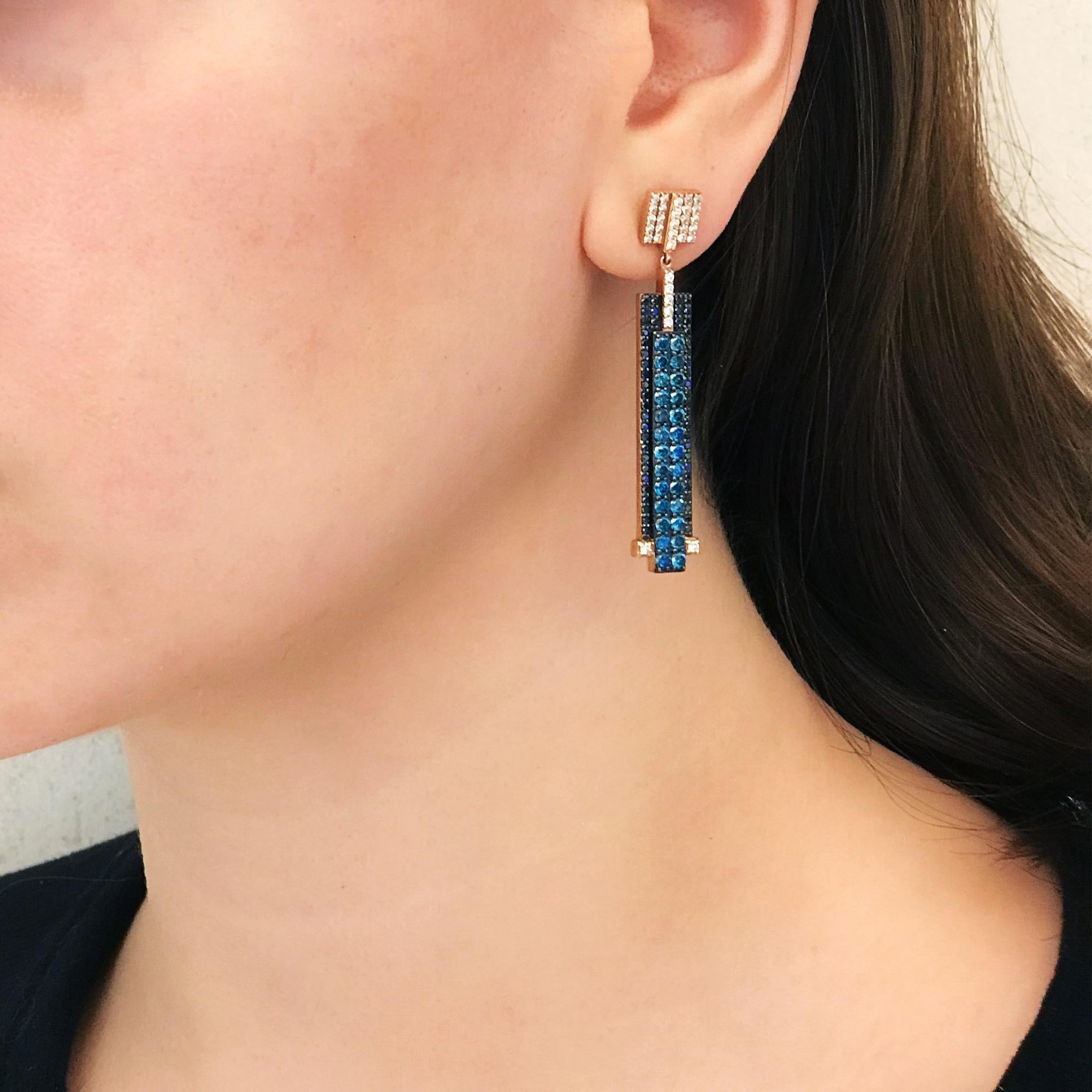 Bee Goddess Rose Gold Black and Blue Diamond Mondrian Earrings In New Condition For Sale In Istanbul, TR