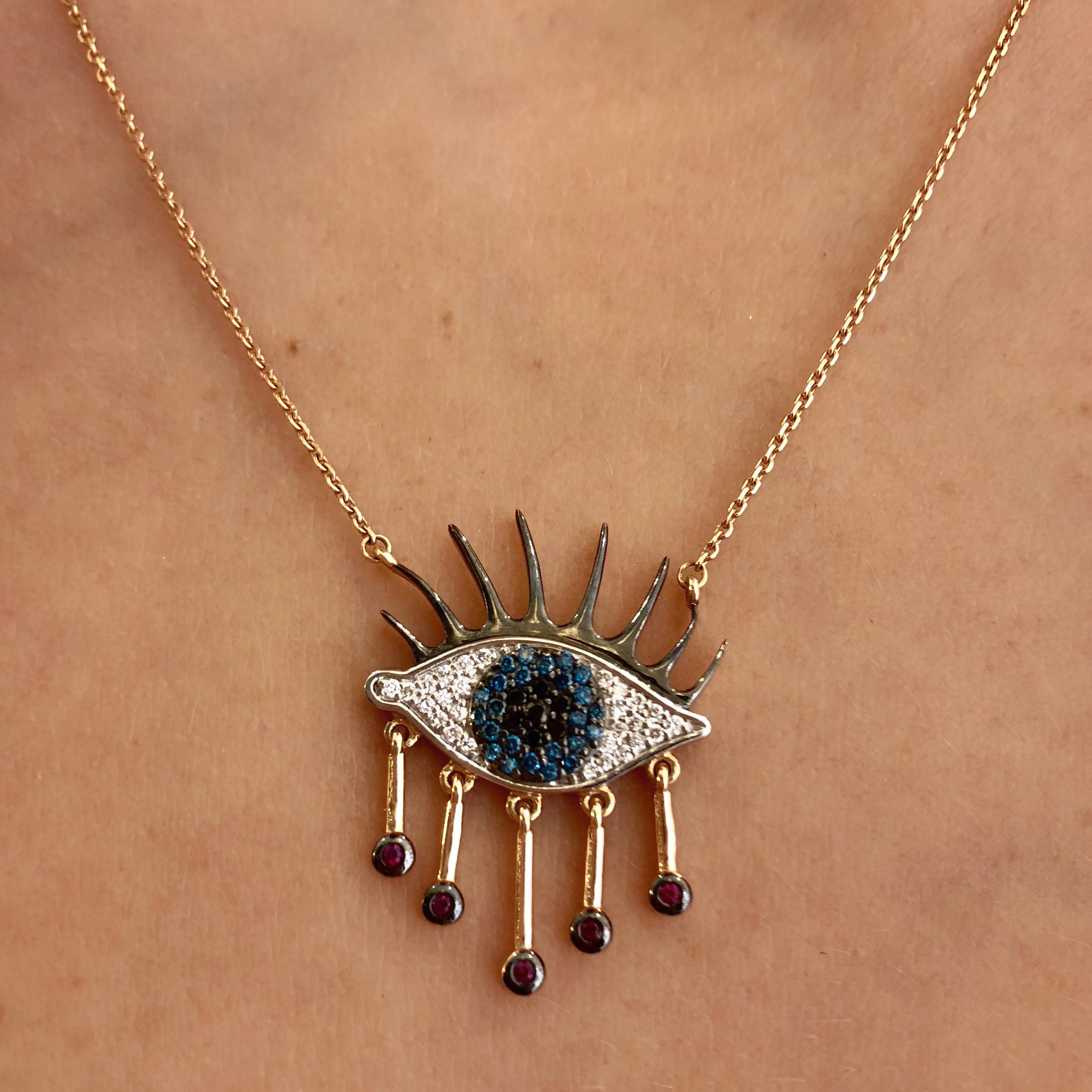 Contemporary Bee Goddess Rose Gold Ruby and Diamond Eye Light Necklace For Sale