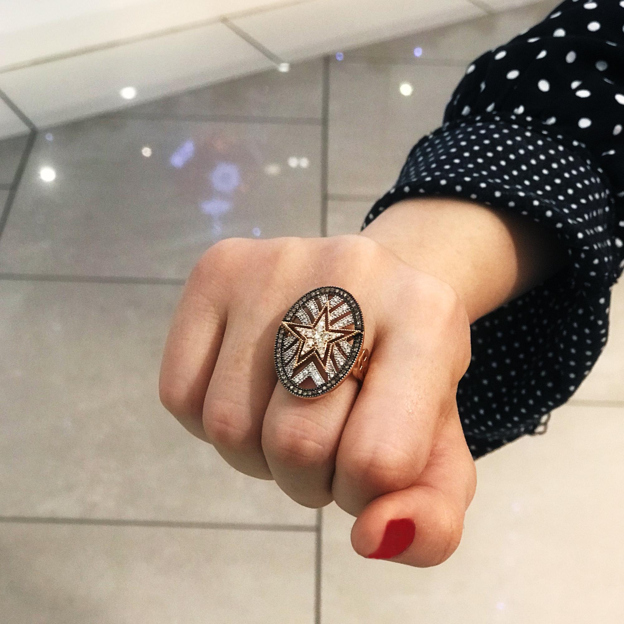 The Sirius Star Ring finds inspiration in the five-pointed lighter of the sky. It is the perfect combination of white and brown diamonds; celebrating the coming together of the number two (terrestrial and feminine) with three (heavenly and