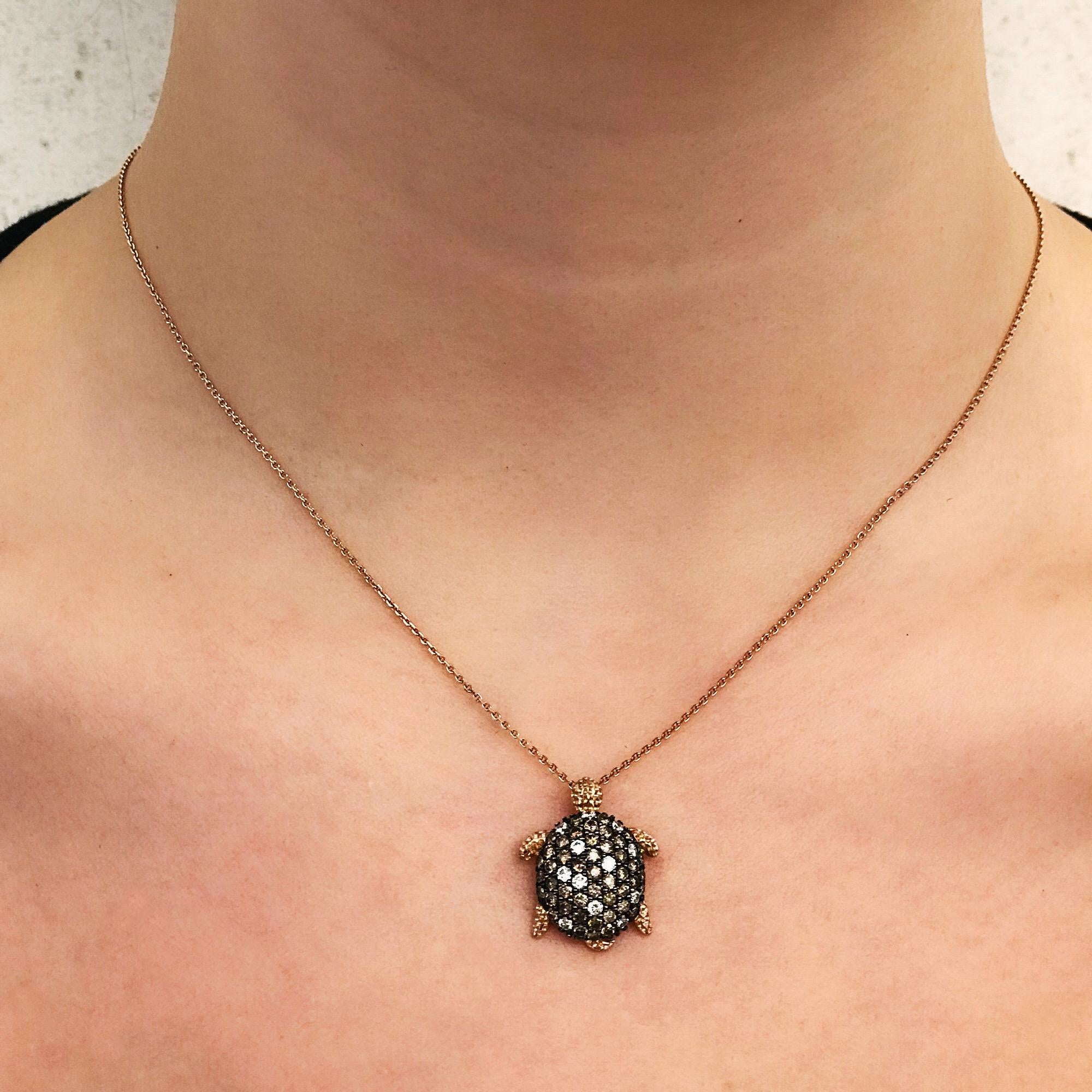 Contemporary Bee Goddess Rose Gold White and Brown Diamond Turtle Necklace For Sale