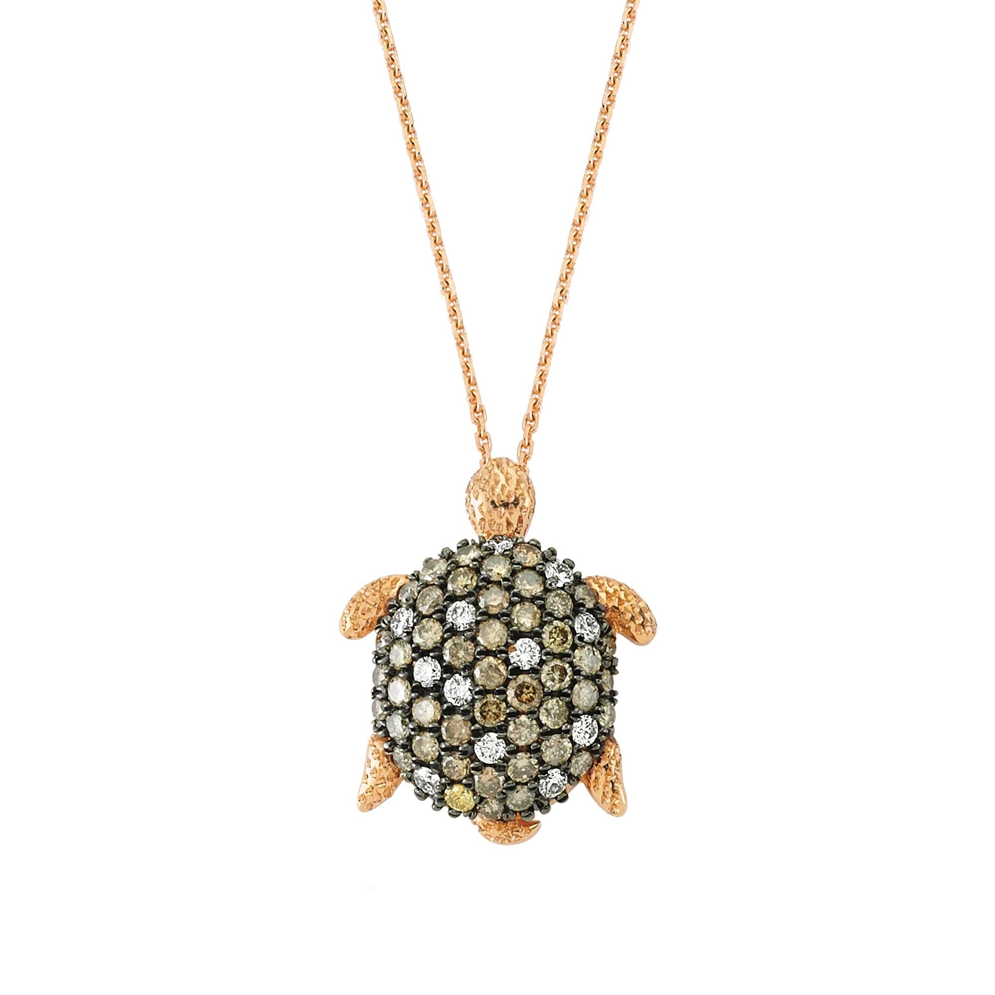 Bee Goddess Rose Gold White and Brown Diamond Turtle Necklace For Sale