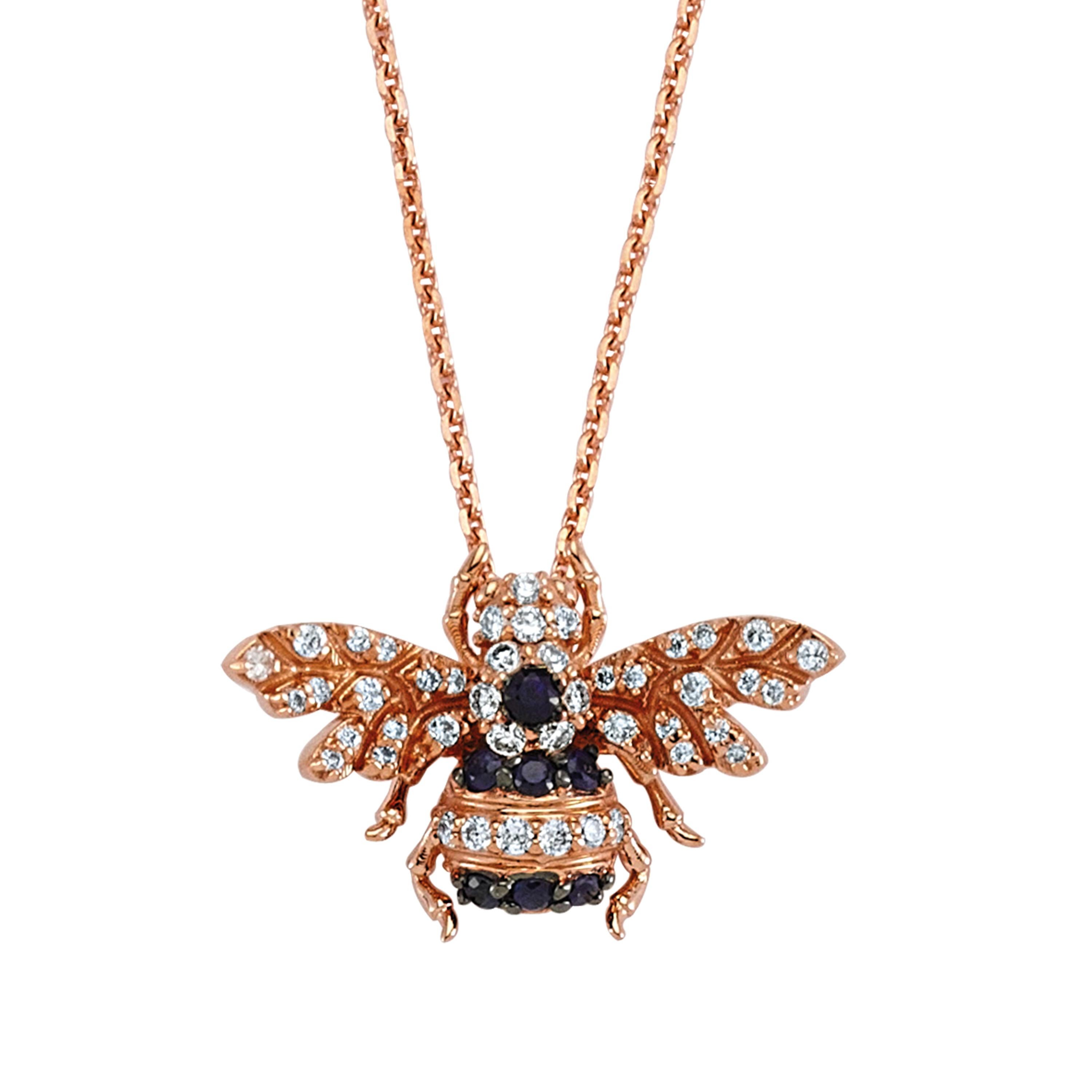 Bee Goddess Rose Gold White Diamond and Sapphire Bee Necklace For Sale