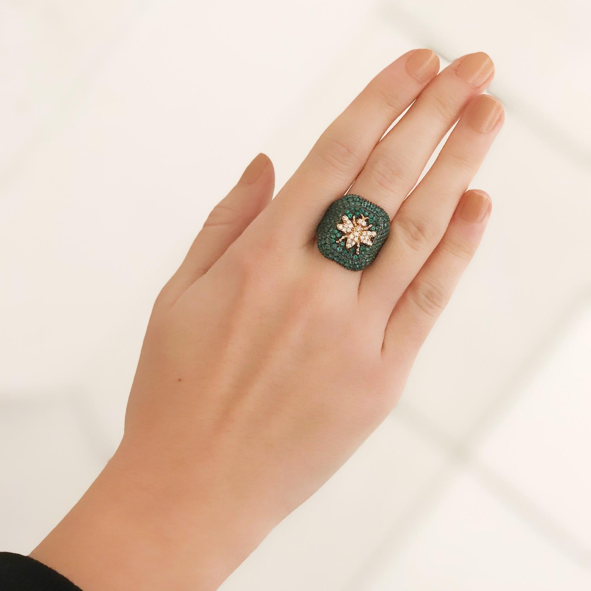 Contemporary Bee Goddess Rose Gold White Diamond and Tsavorite Bee Ring For Sale