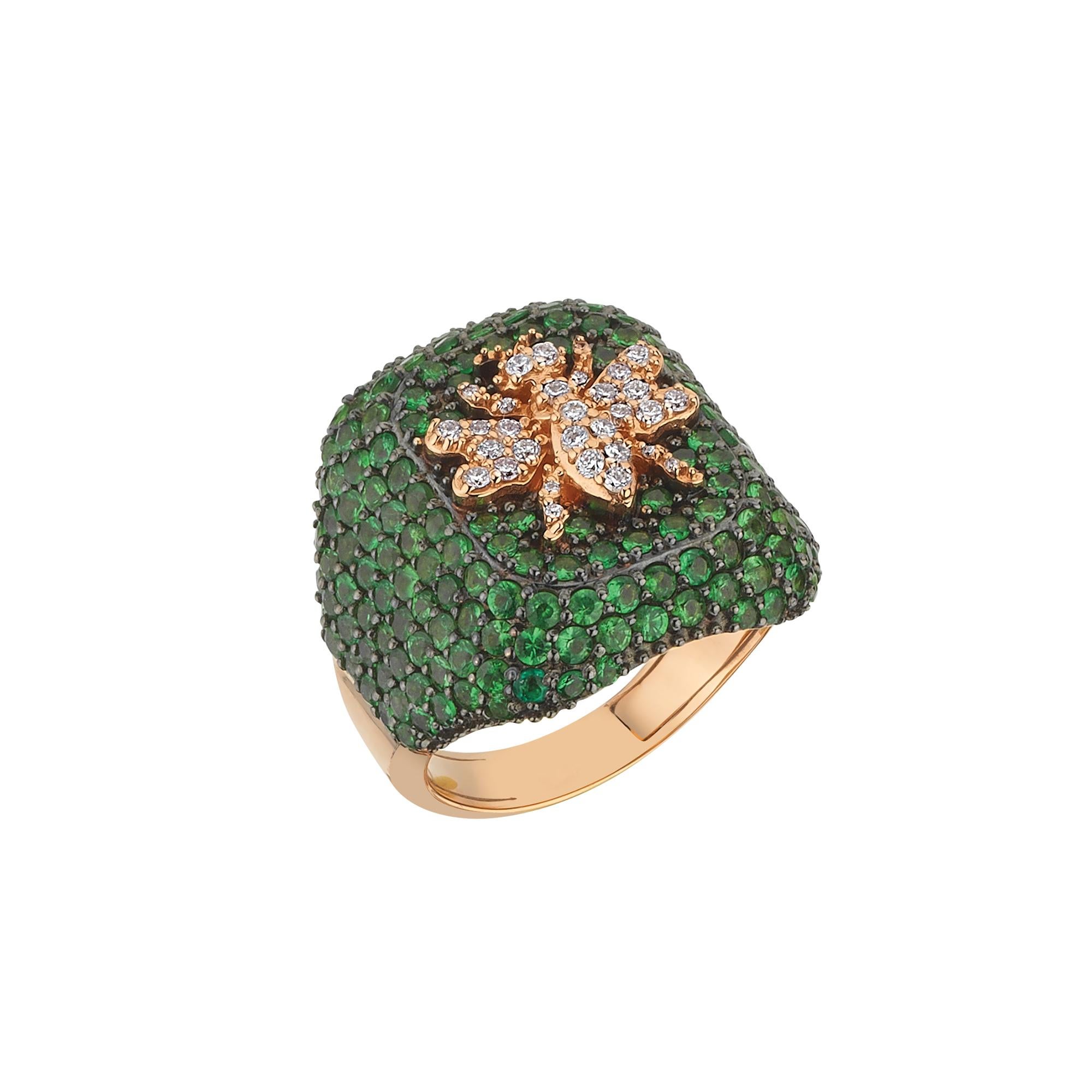 Bee Goddess Rose Gold White Diamond and Tsavorite Bee Ring For Sale