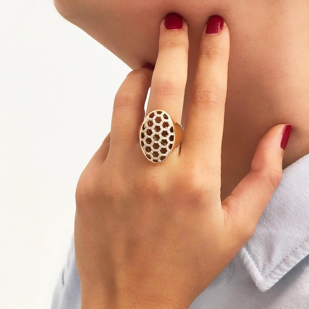 Contemporary Bee Goddess Rose Gold White Diamond Honeycomb Ring For Sale