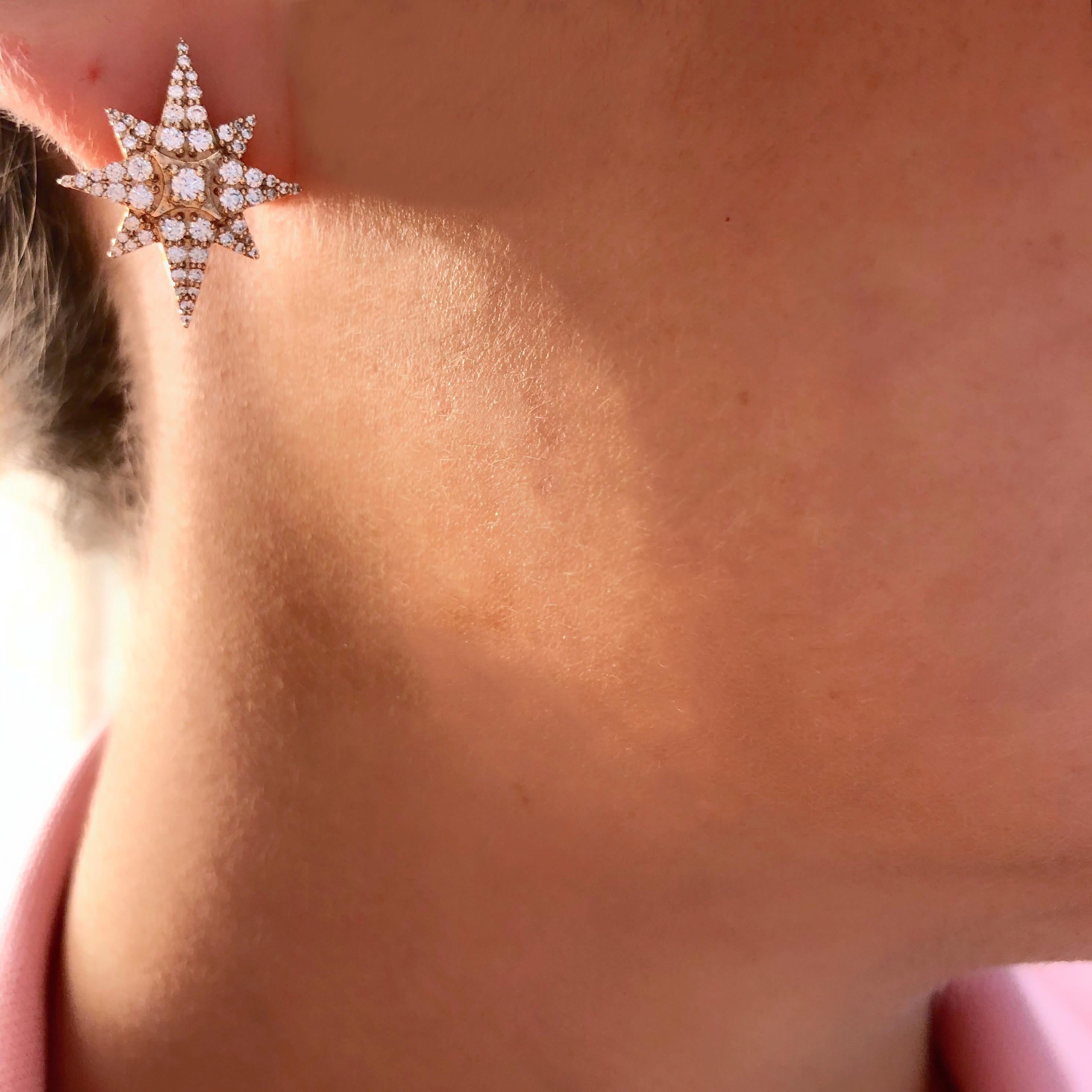 The white diamond Venus Star Earrings are unique talismans; stunning reminders of new beginnings, hope and inspiration. Encrusted in 0.80 carat white diamonds to showcase the infinite  light of the Venus Star, they are the glamorous emblem of the