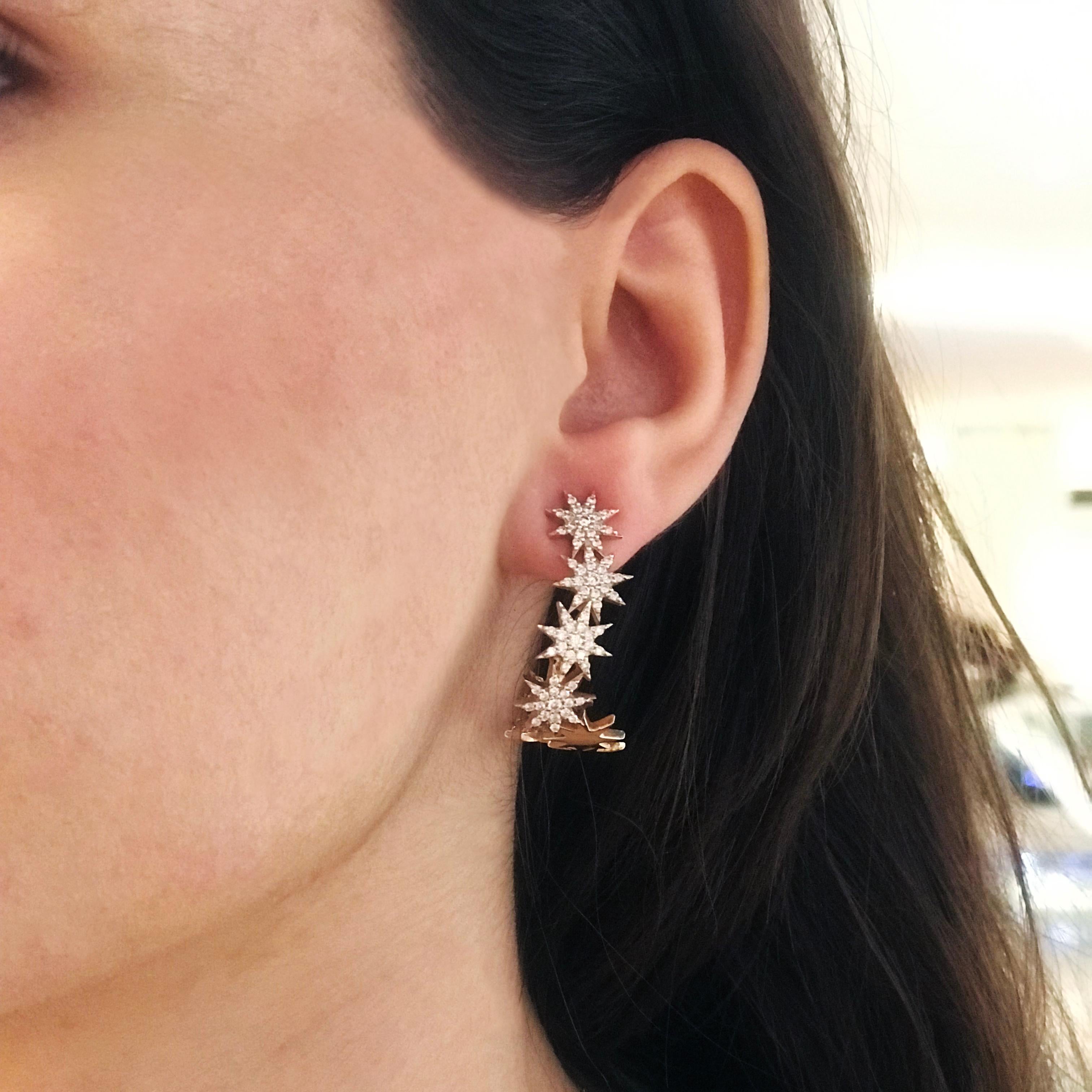 Venus Star Hoop Earrings in all white diamonds are irrevocable talismans; reminder of new beginnings, hope and inspiration. Complimenting modern and contemporary styles, they bring forth stardust when it comes to brightening a simple yet elegant