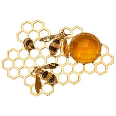 Bee Hive Diamond Sapphire Citrine Silver and Gold Brooch