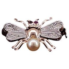 Bee Insect 14k Gold Brooch with Ruby and Pearl