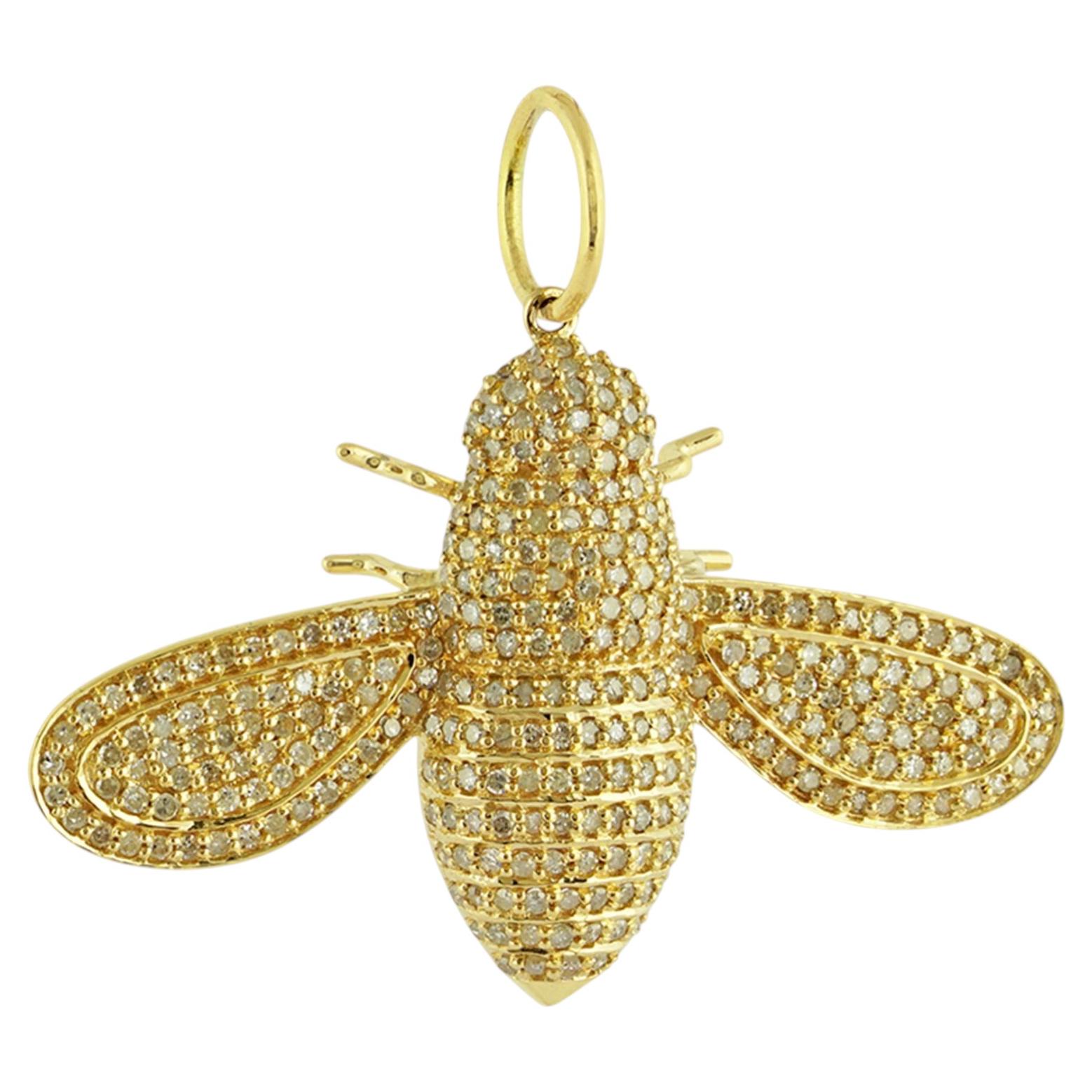 Bee Insect Pendant Solid 14k Gold Charm Pendant Natural Diamond Fine Jewelry For Sale
