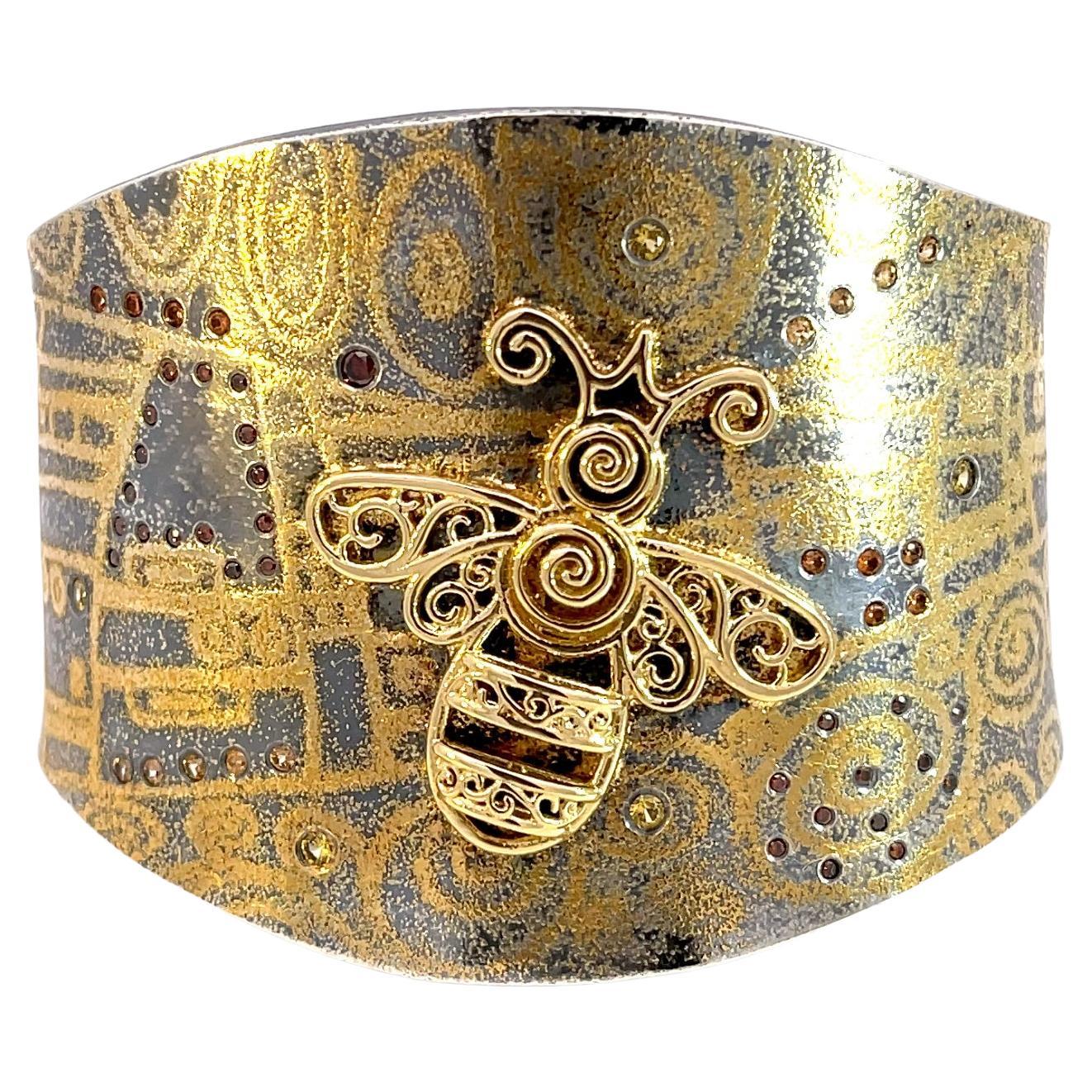 "Bee Klimt" Cuff Bracelet with Sterling Silver, 18Karat Yellow Gold and 24K Gold For Sale