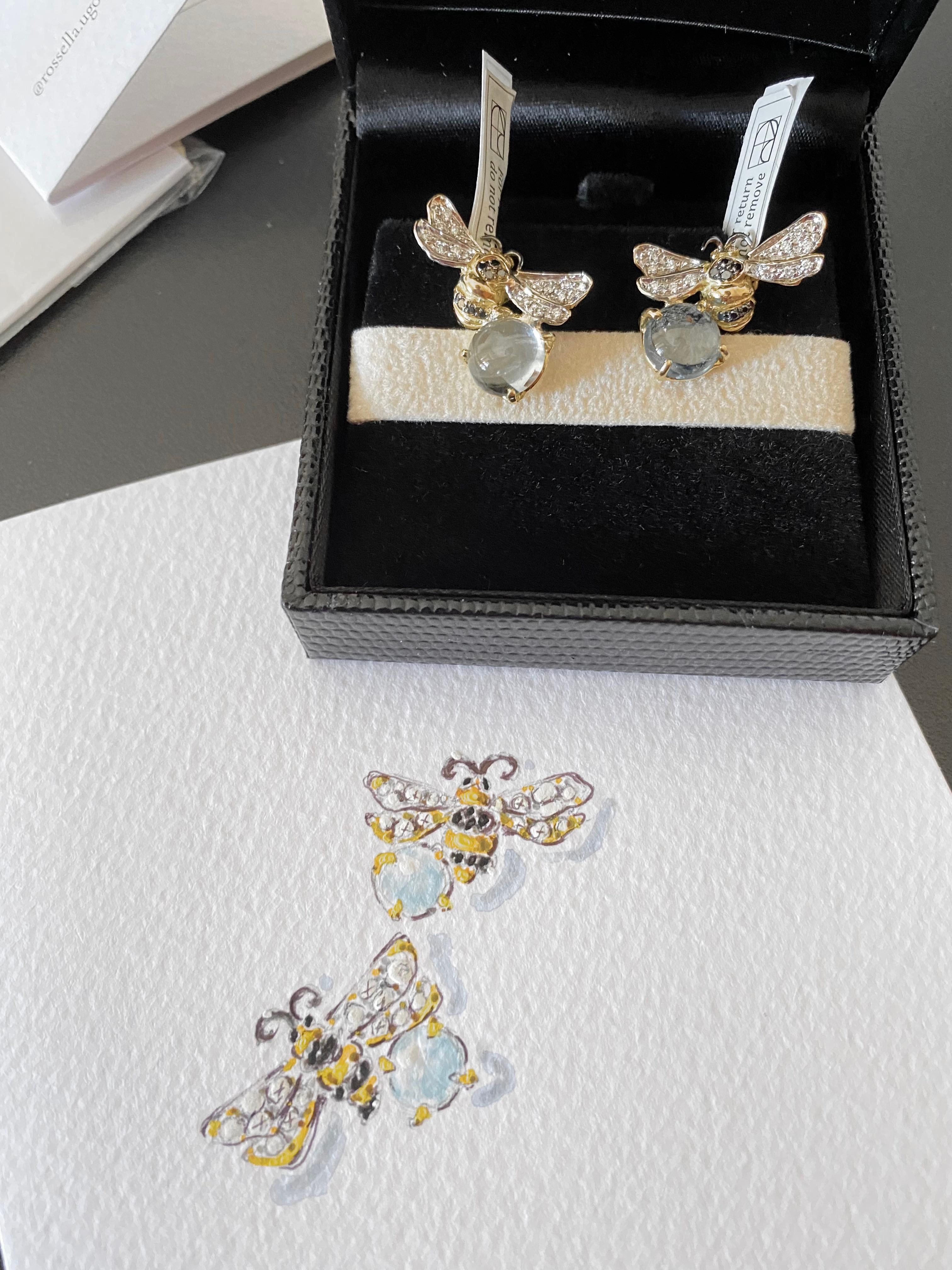 Bee 4.12 Carats Aquamarine 18 Karat Gold 0.16 Karat White Diamonds Stud Earrings For Sale 2
