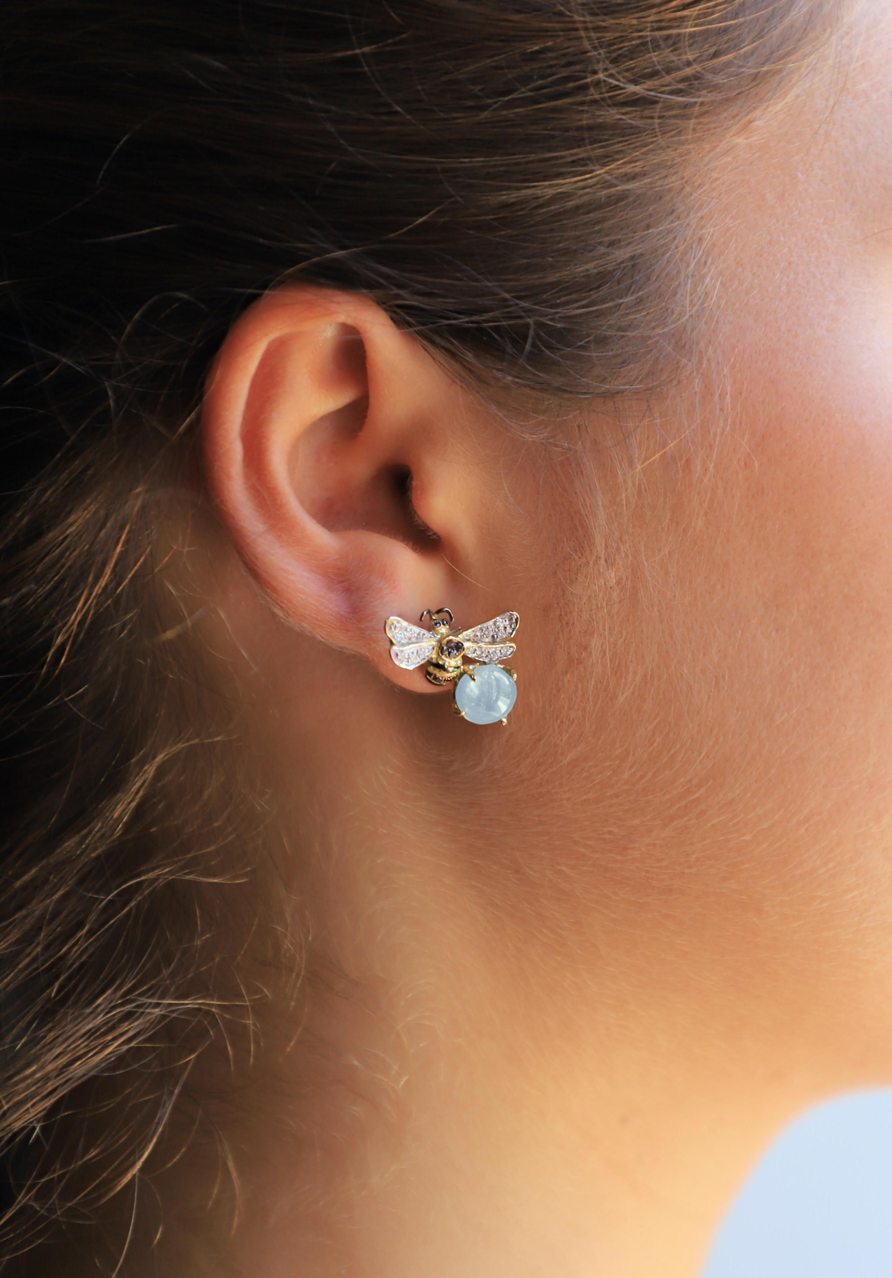 Rossella Ugolini Design Collection , 18 Karat Yellow Gold  4.12 Carats Aquamarine 0.16 Karat White Diamond 0.18 Karat Black Diamonds Bees Handcrafted Stud Earrings. This collection was born to celebrate a precious creature, essential for our