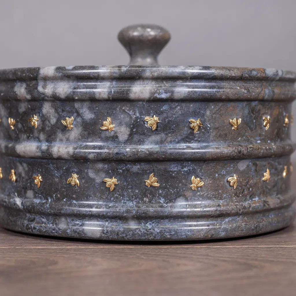 French Bee Motif Candy Dish – Grey and Black Marble For Sale