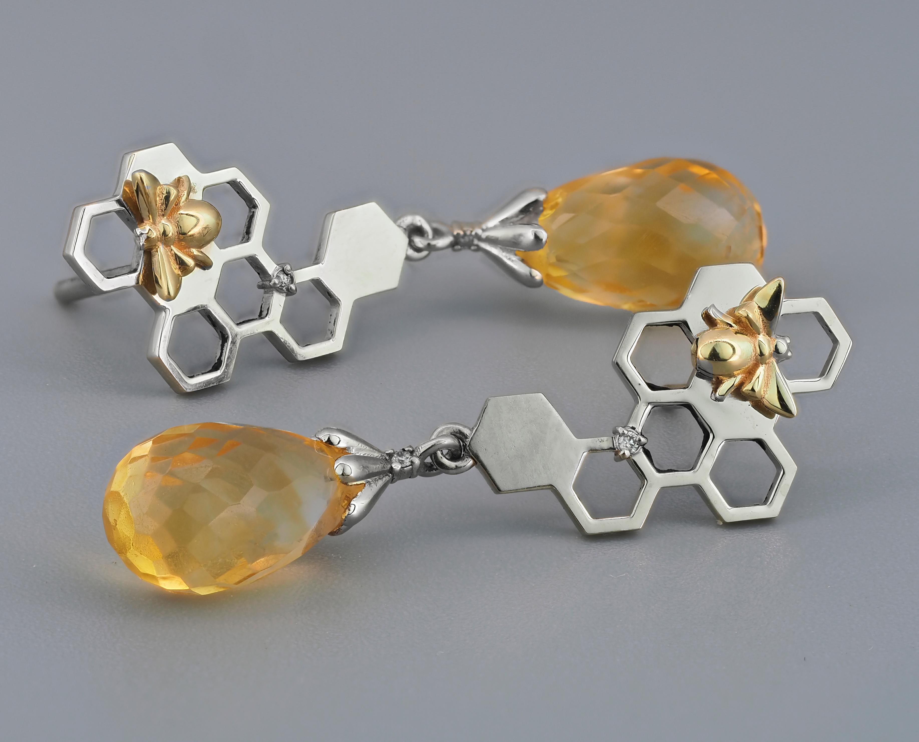 Bee on Honeycomb 14k Gold Studs Earrings with with Citrines Briolettes 1