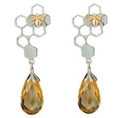 Bee on Honeycomb 14k Gold Studs Earrings with with Citrines Briolettes