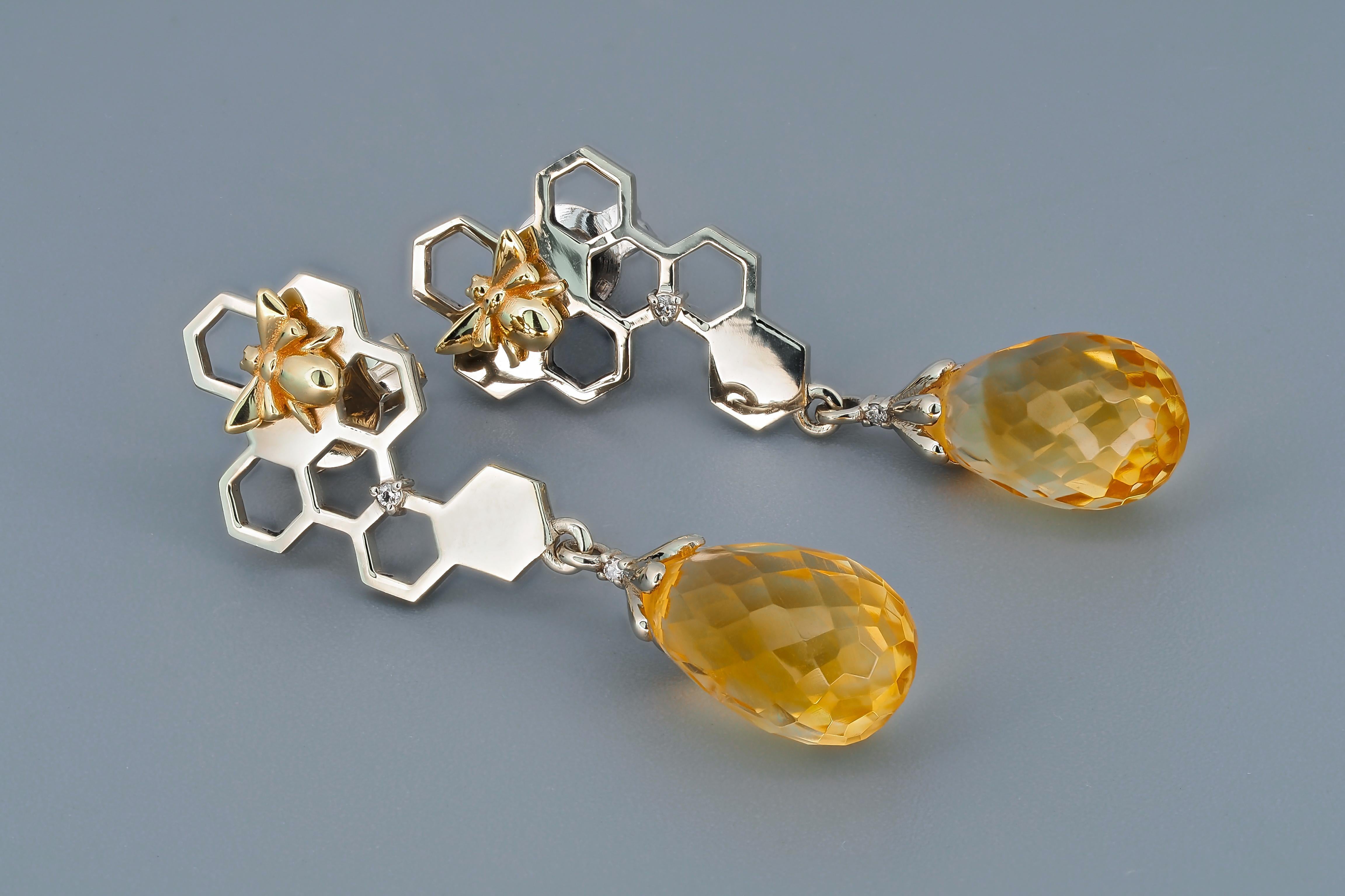 Bee on honeycomb citrine earrings studs im Angebot 5