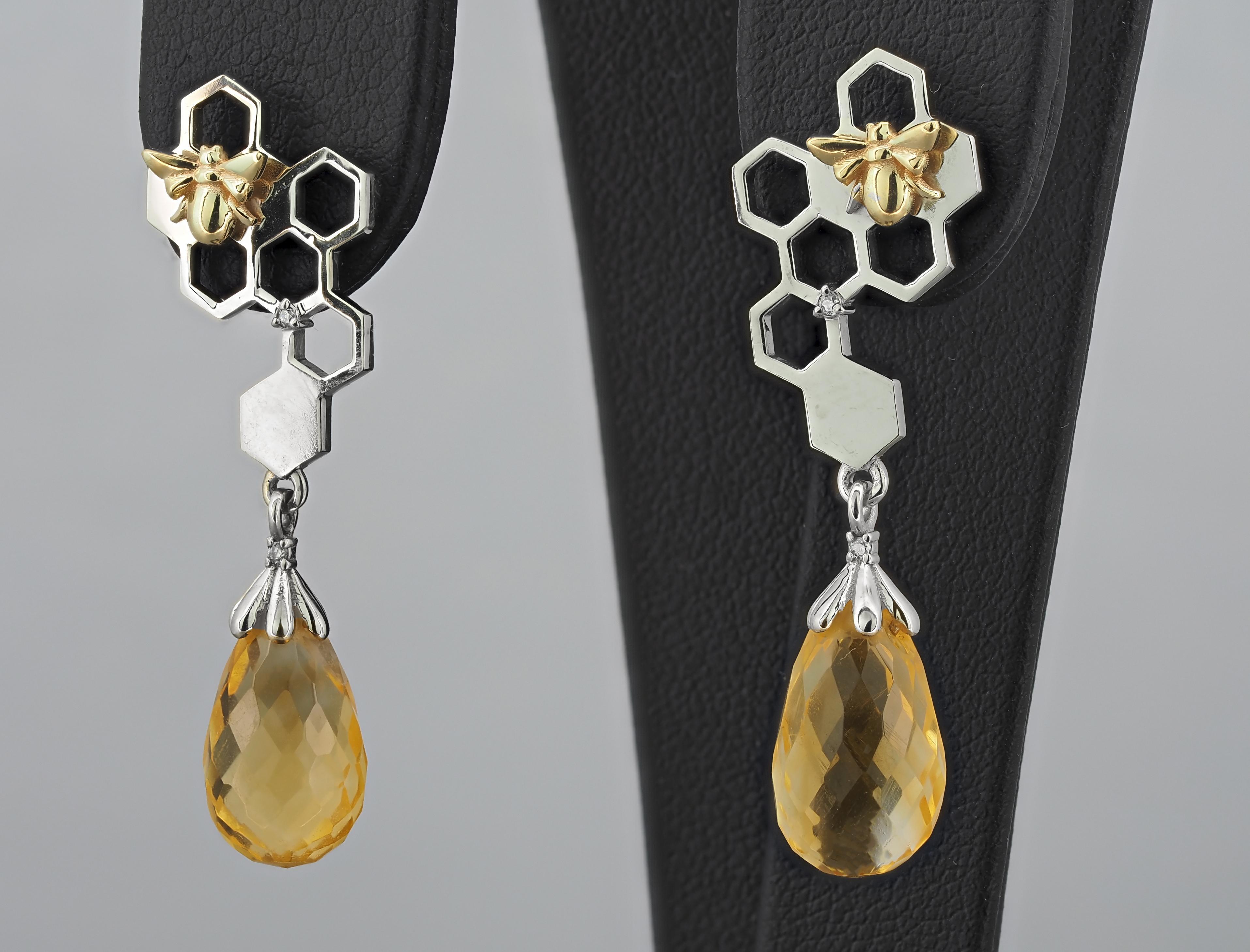 Bee on honeycomb citrine earrings studs Damen im Angebot