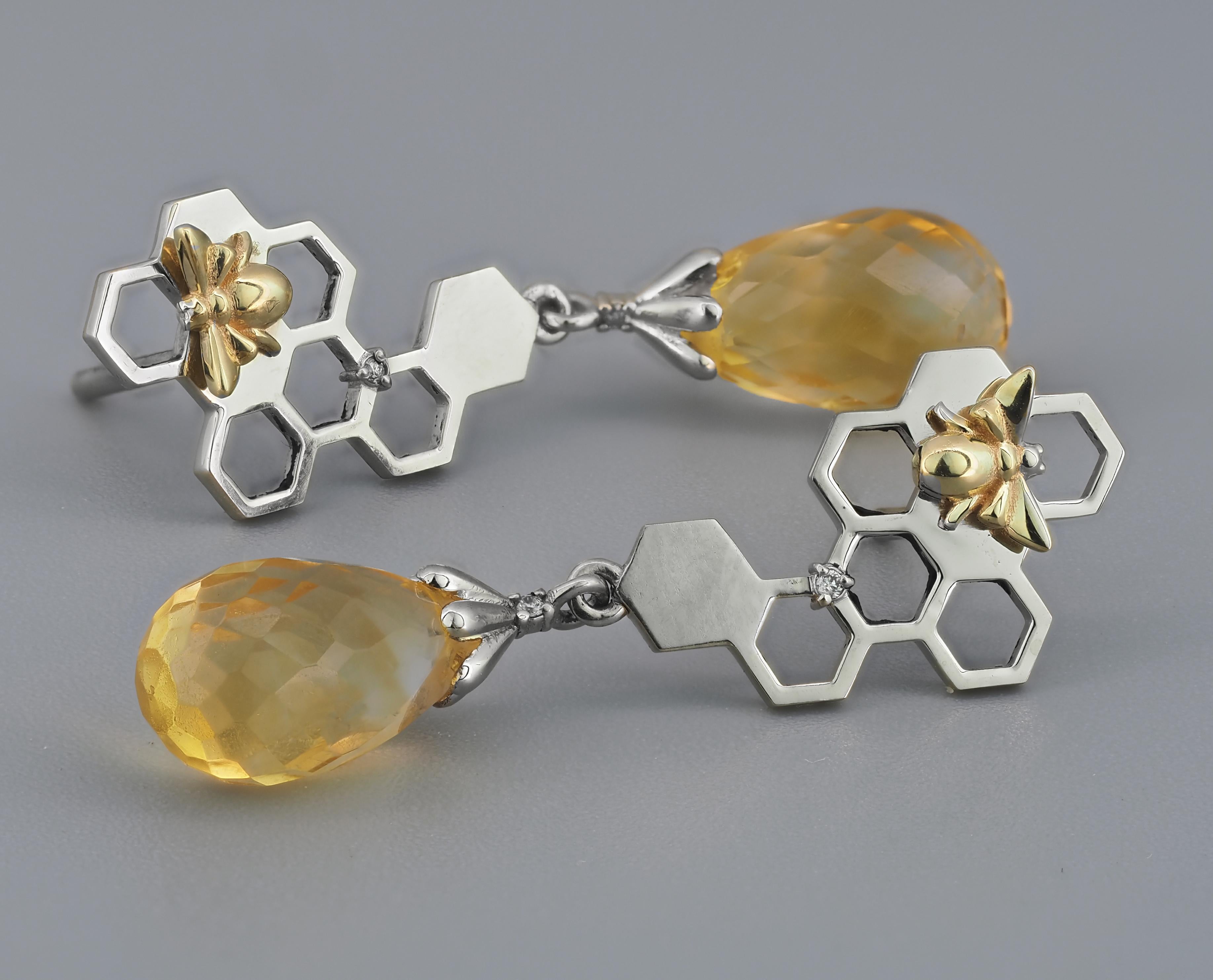 Bee on honeycomb citrine earrings studs im Angebot 1