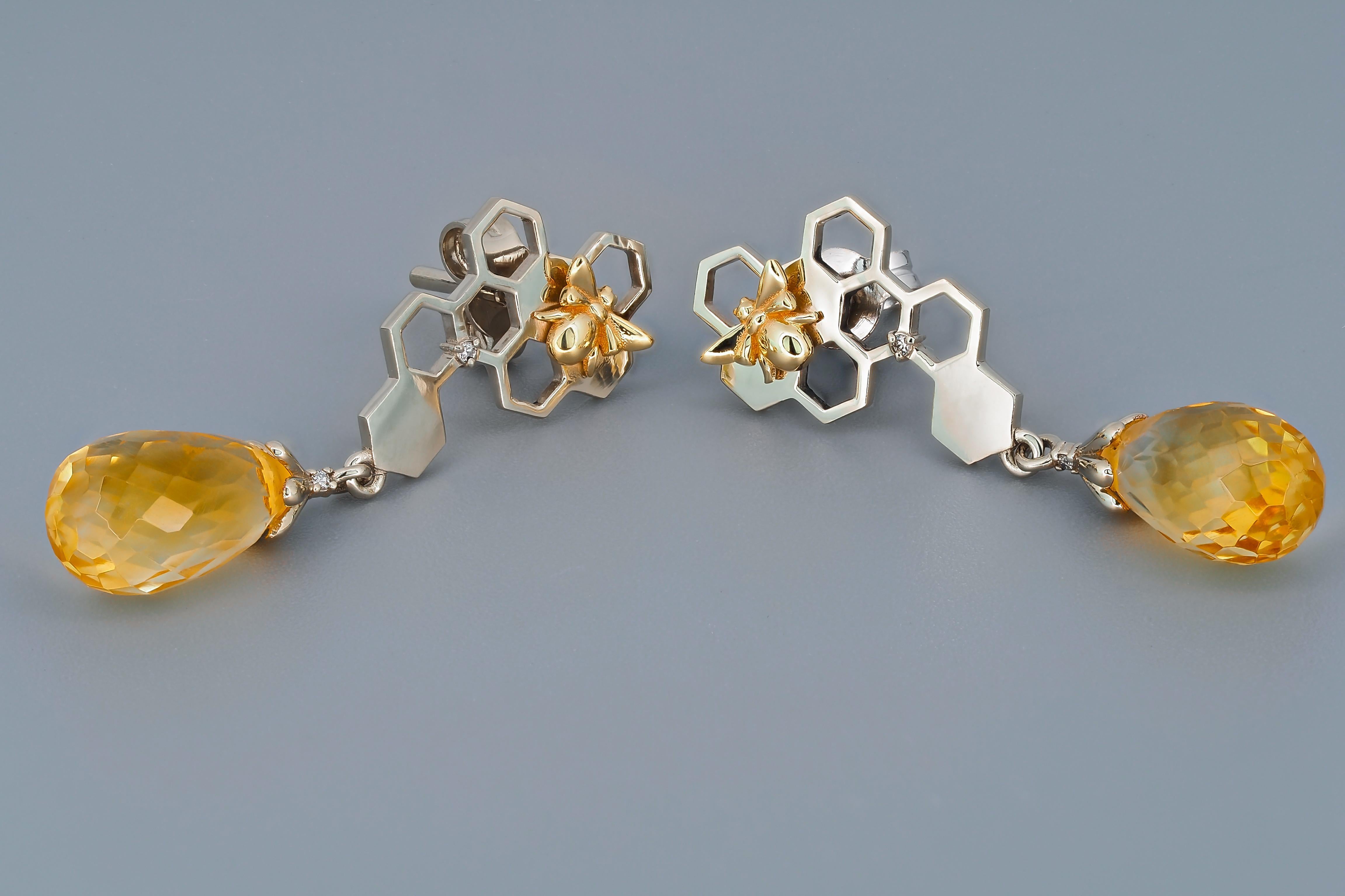 Bee on honeycomb citrine earrings studs im Angebot 3