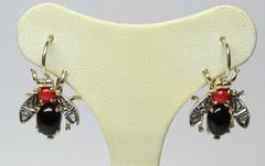 Bee Onyx Coral Rose Cut Diamond Yellow Gold Art Nouveau Earrings