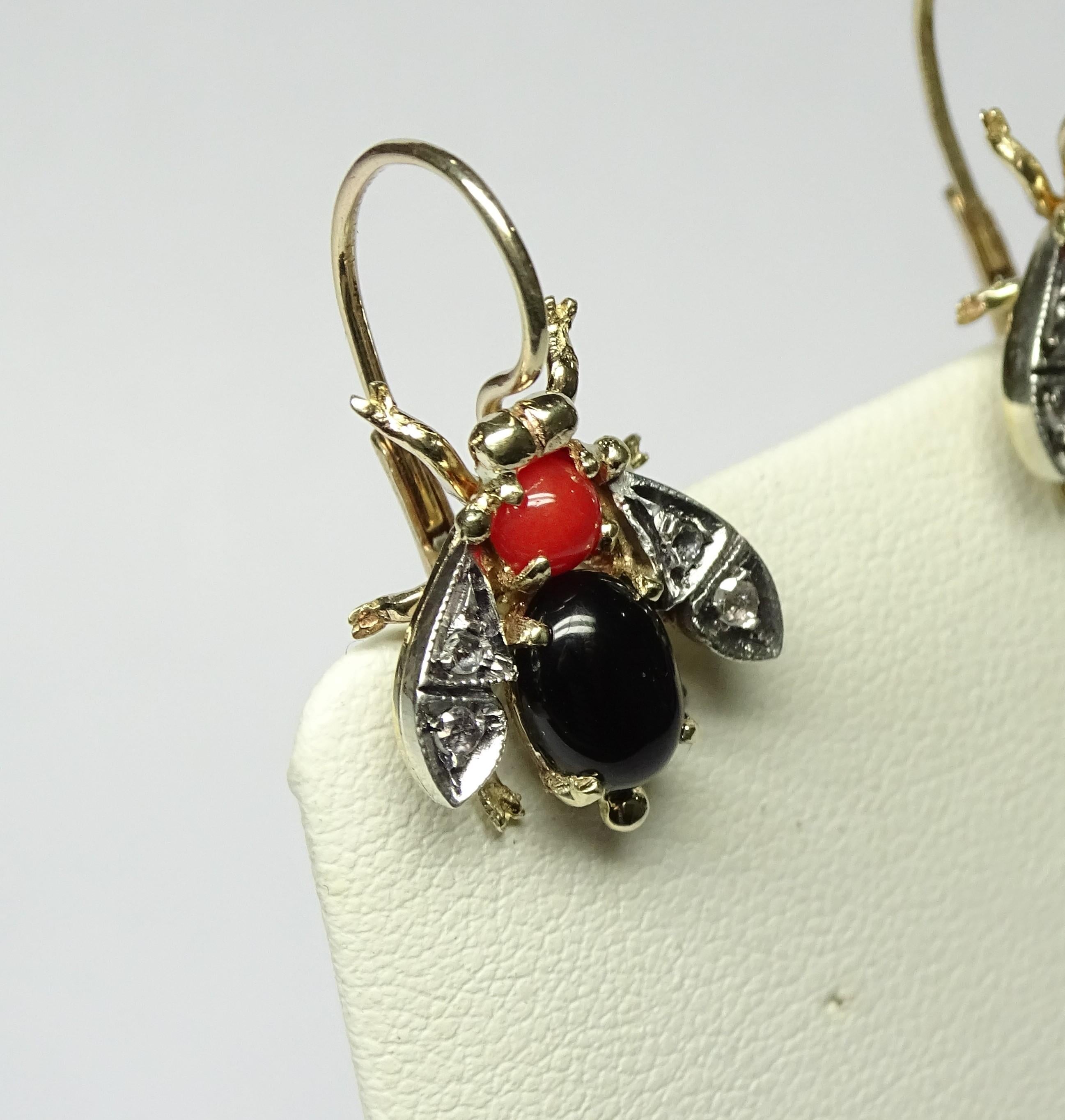 Bee Onyx Coral Rose Cut Diamond Yellow Gold Art Nouveau Earrings In New Condition For Sale In Marcianise, IT