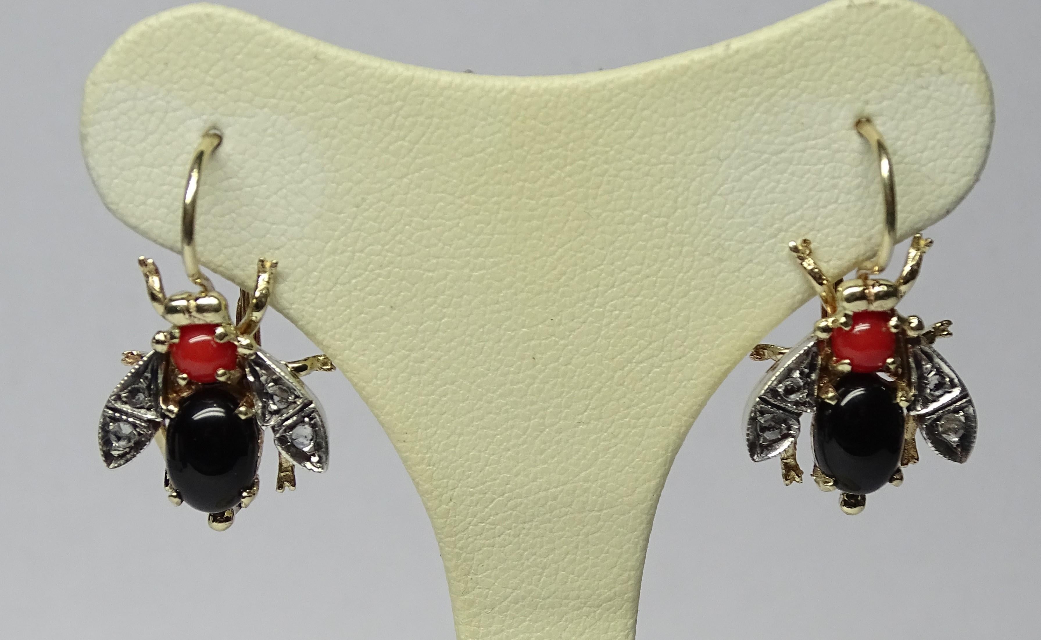 Women's or Men's Bee Onyx Coral Rose Cut Diamond Yellow Gold Art Nouveau Earrings For Sale