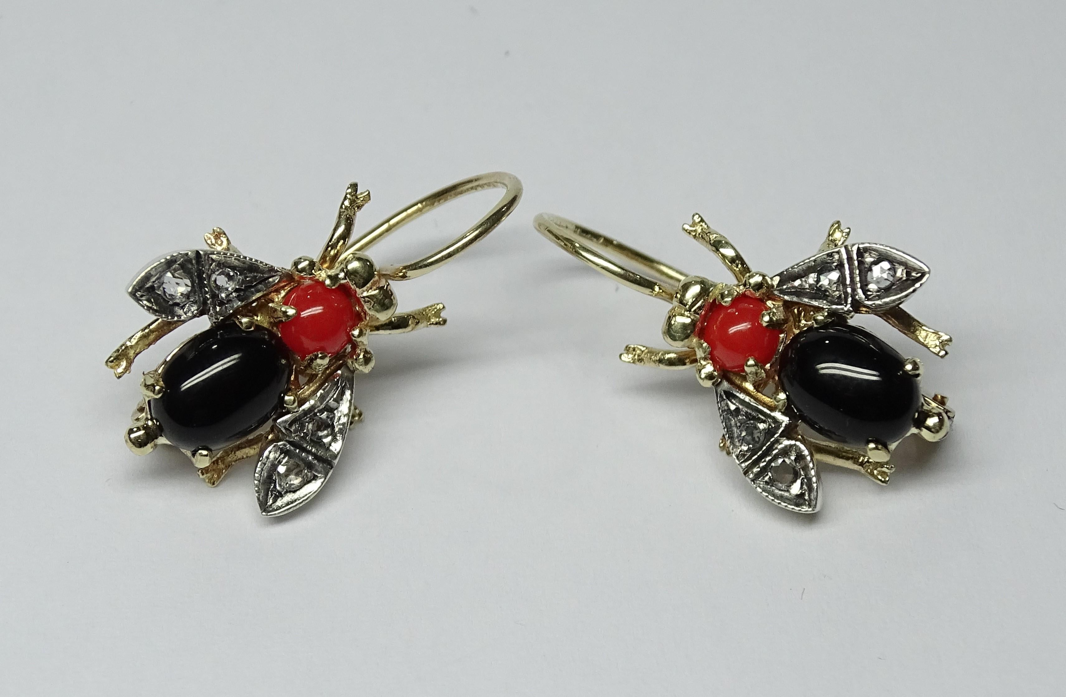 Bee Onyx Coral Rose Cut Diamond Yellow Gold Art Nouveau Earrings For Sale 1