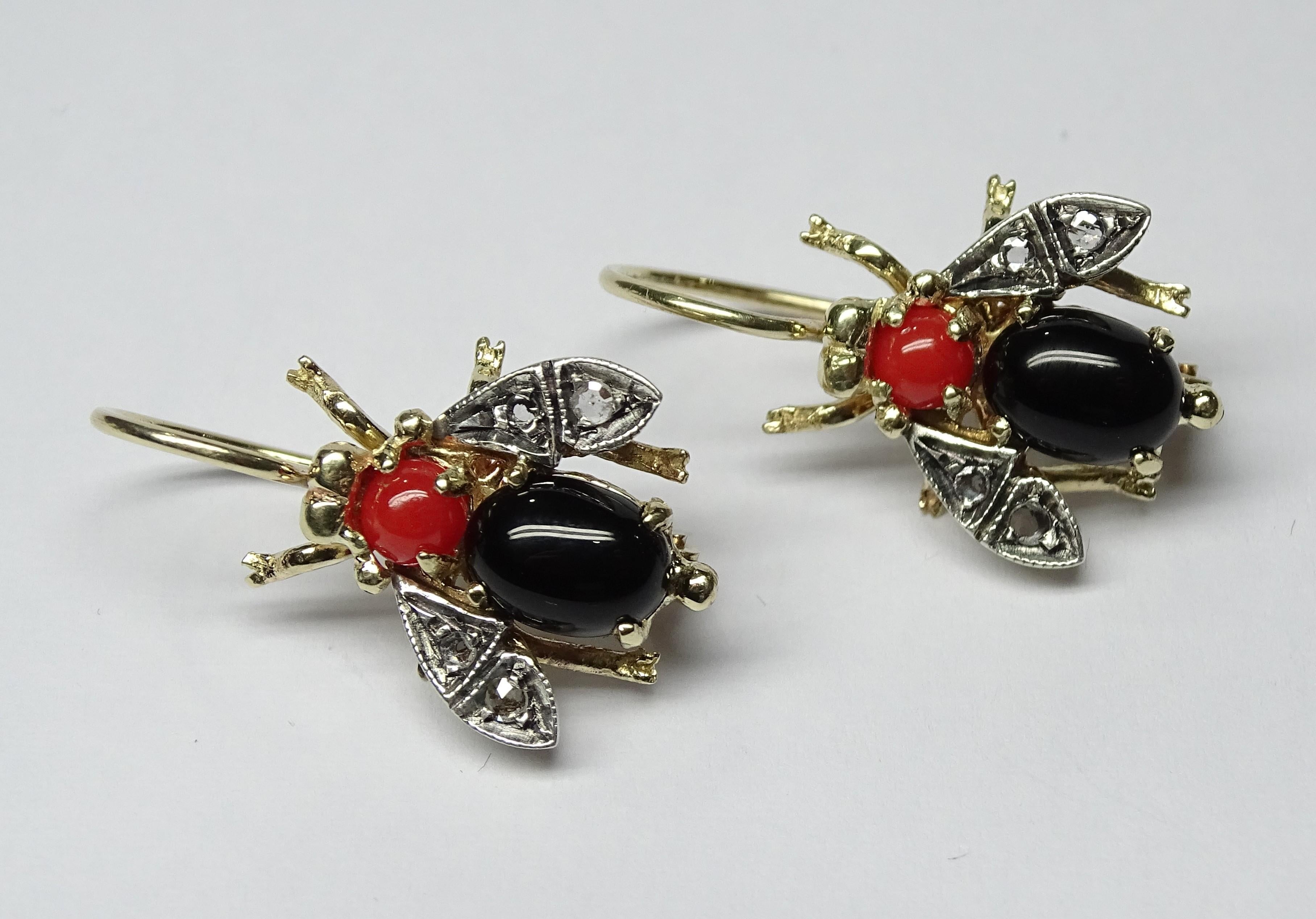 Bee Onyx Coral Rose Cut Diamond Yellow Gold Art Nouveau Earrings For Sale 2