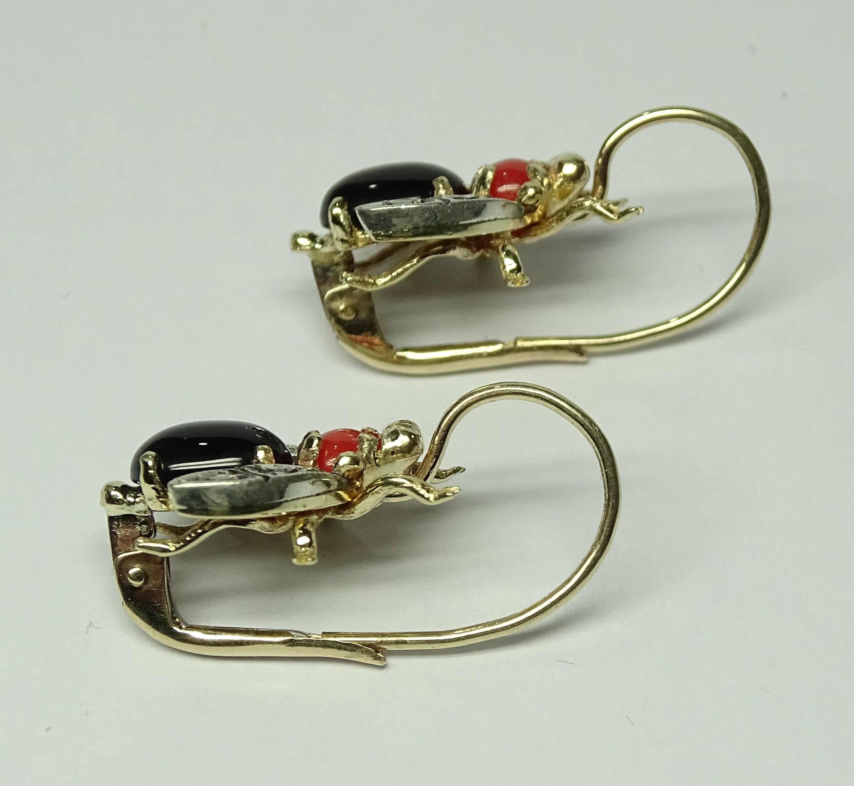 Bee Onyx Coral Rose Cut Diamond Yellow Gold Art Nouveau Earrings For Sale 3