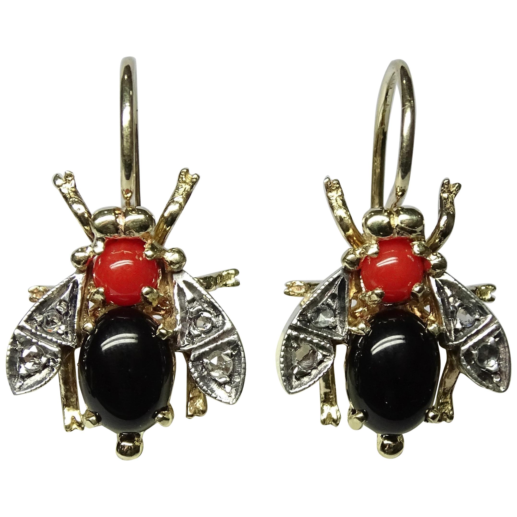 Bee Onyx Coral Rose Cut Diamond Yellow Gold Art Nouveau Earrings For Sale