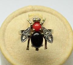 Bee Onyx Coral Rose Cut Diamonds Art Nouveau Yellow Gold Ring