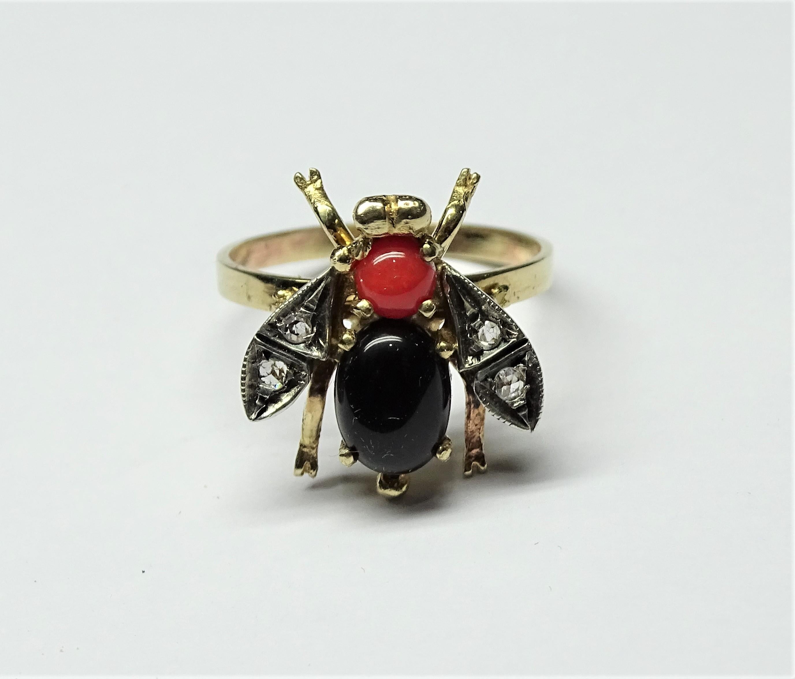 Bee Onyx Coral Rose Cut Diamonds Art Nouveau Yellow Gold Ring For Sale 1