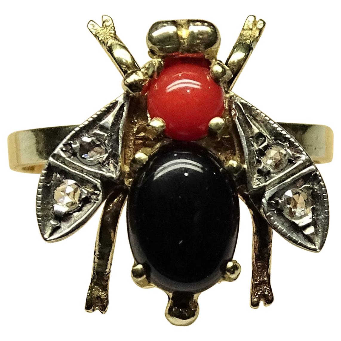 Bee Onyx Coral Rose Cut Diamonds Art Nouveau Yellow Gold Ring For Sale