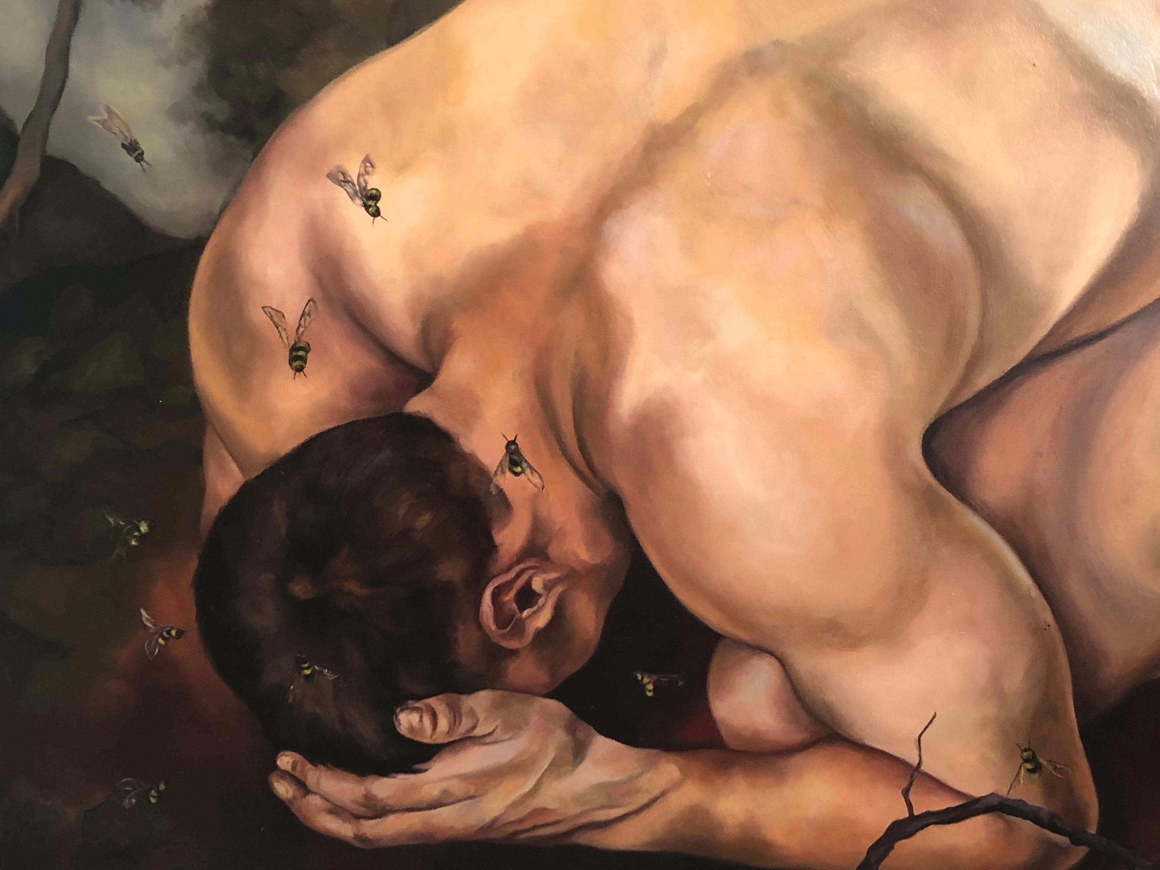 Original figural male nude oil on canvas entitled 'Bee' by Helen Bayley of Florence, Italy. This Fine art painting is unframed and unsigned. Provenance: Morpeth Contemporary Gallery, NJ.

  