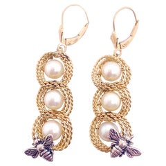 Pendants d'oreilles en perles d'abeille, six perles de culture avec pendentifs en forme de corde