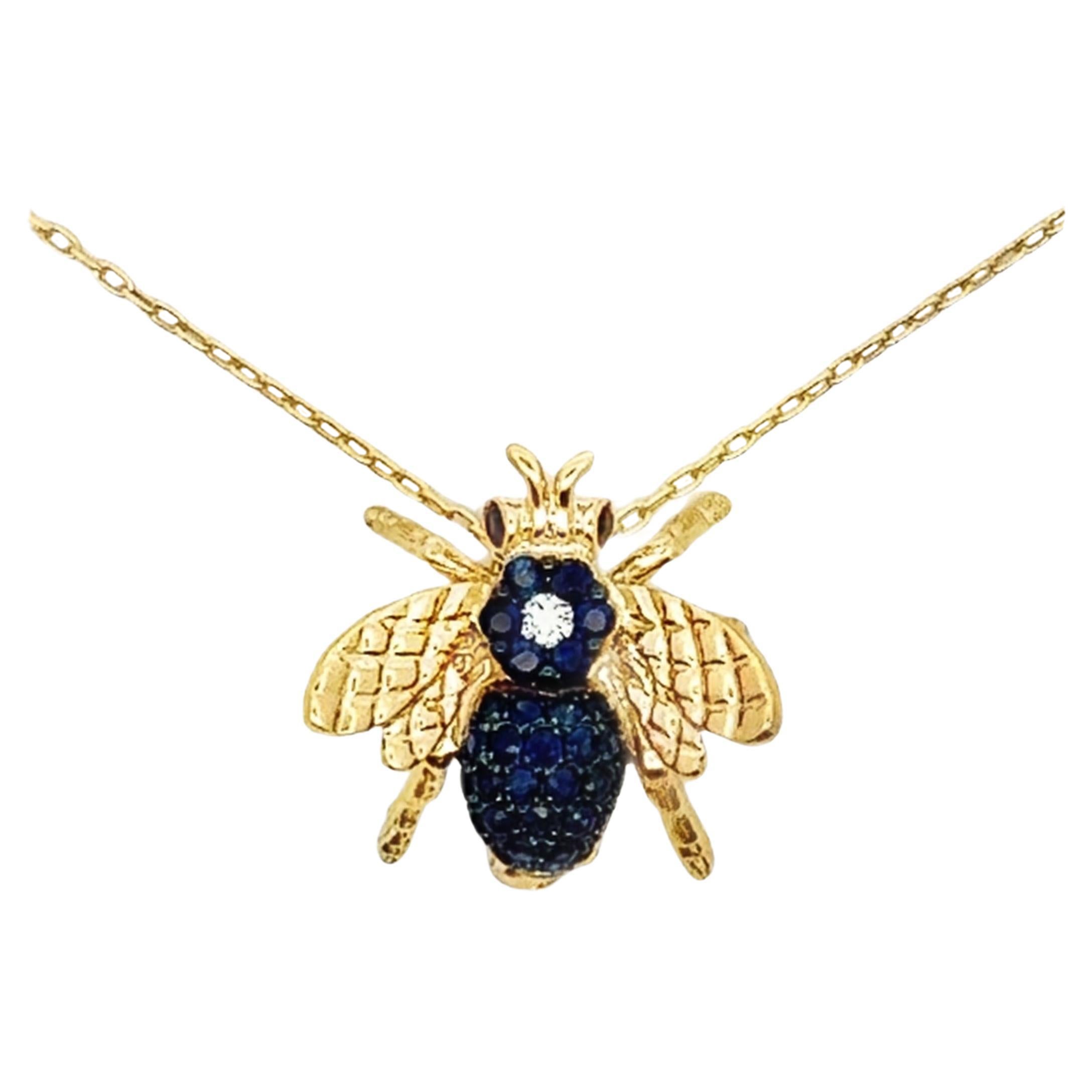 Bee Pendant & Brooch Necklace with Diamonds & Blue Sapphires in 18K Yellow Gold