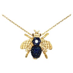 Bee Pendant & Brooch Necklace with Diamonds & Blue Sapphires in 18K Yellow Gold
