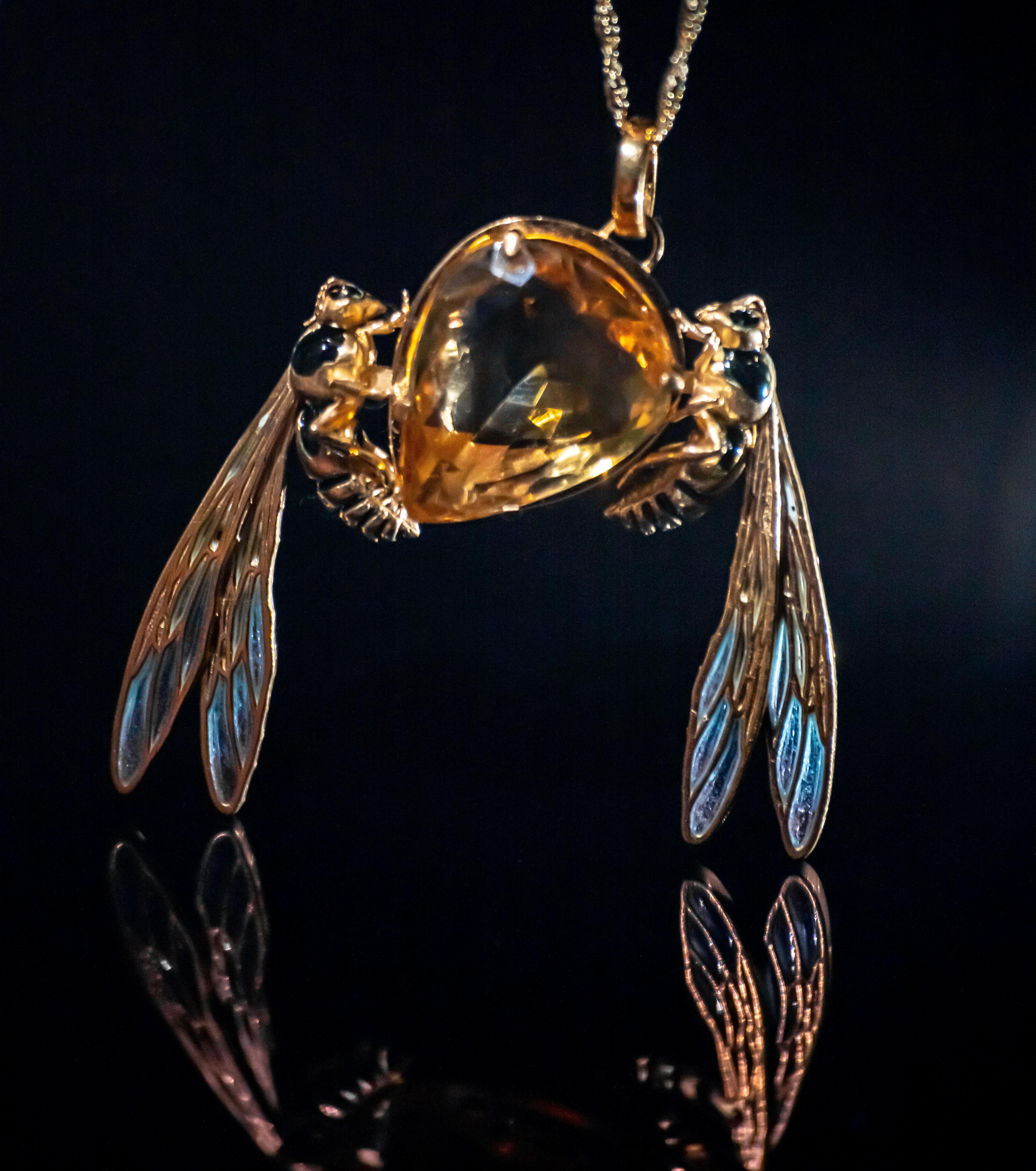 Pear Cut Bee Pendant in Vermeil Silver with Citrine and Plique-à-Jour Enamel Wings For Sale