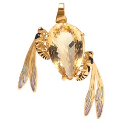 Bee Pendant in Vermeil Silver with Citrine and Plique-à-Jour Enamel Wings