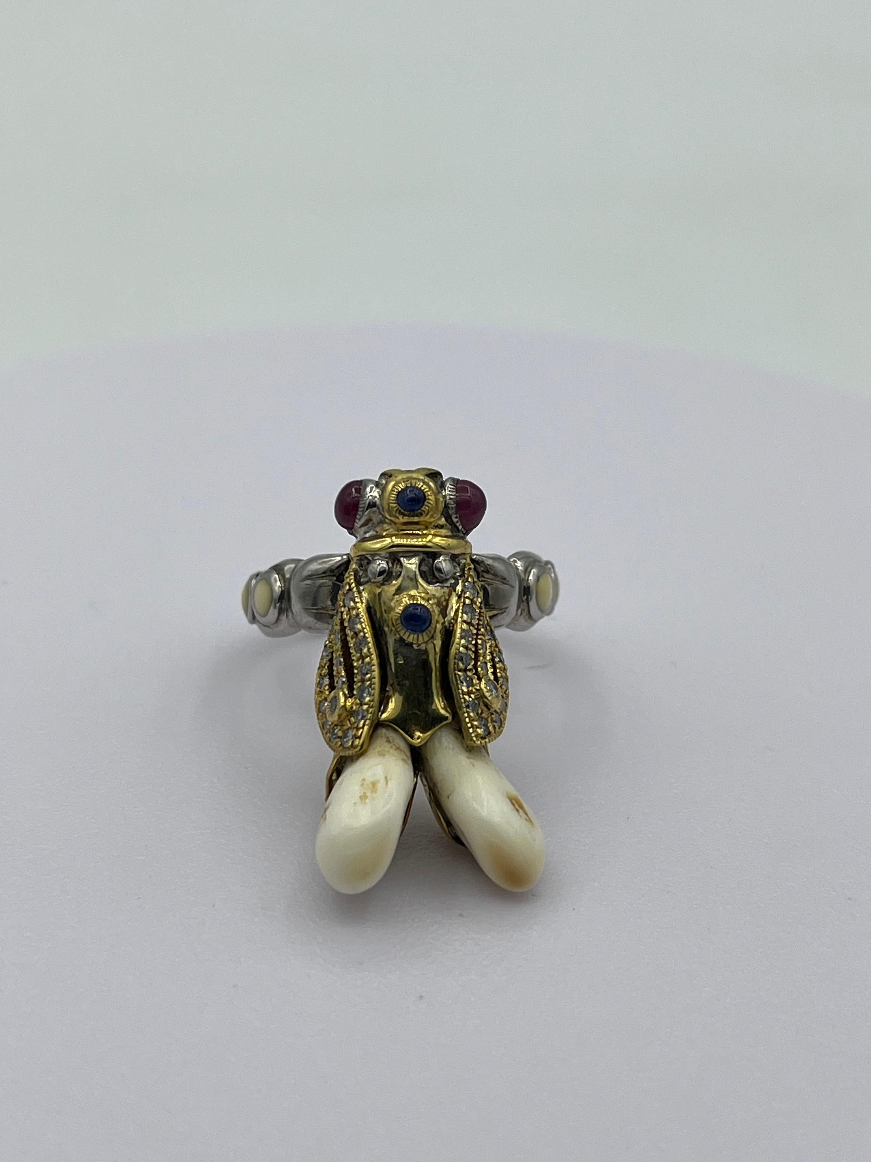 Women's or Men's Bee Ring Diamond Ruby Sapphire Silver For Sale