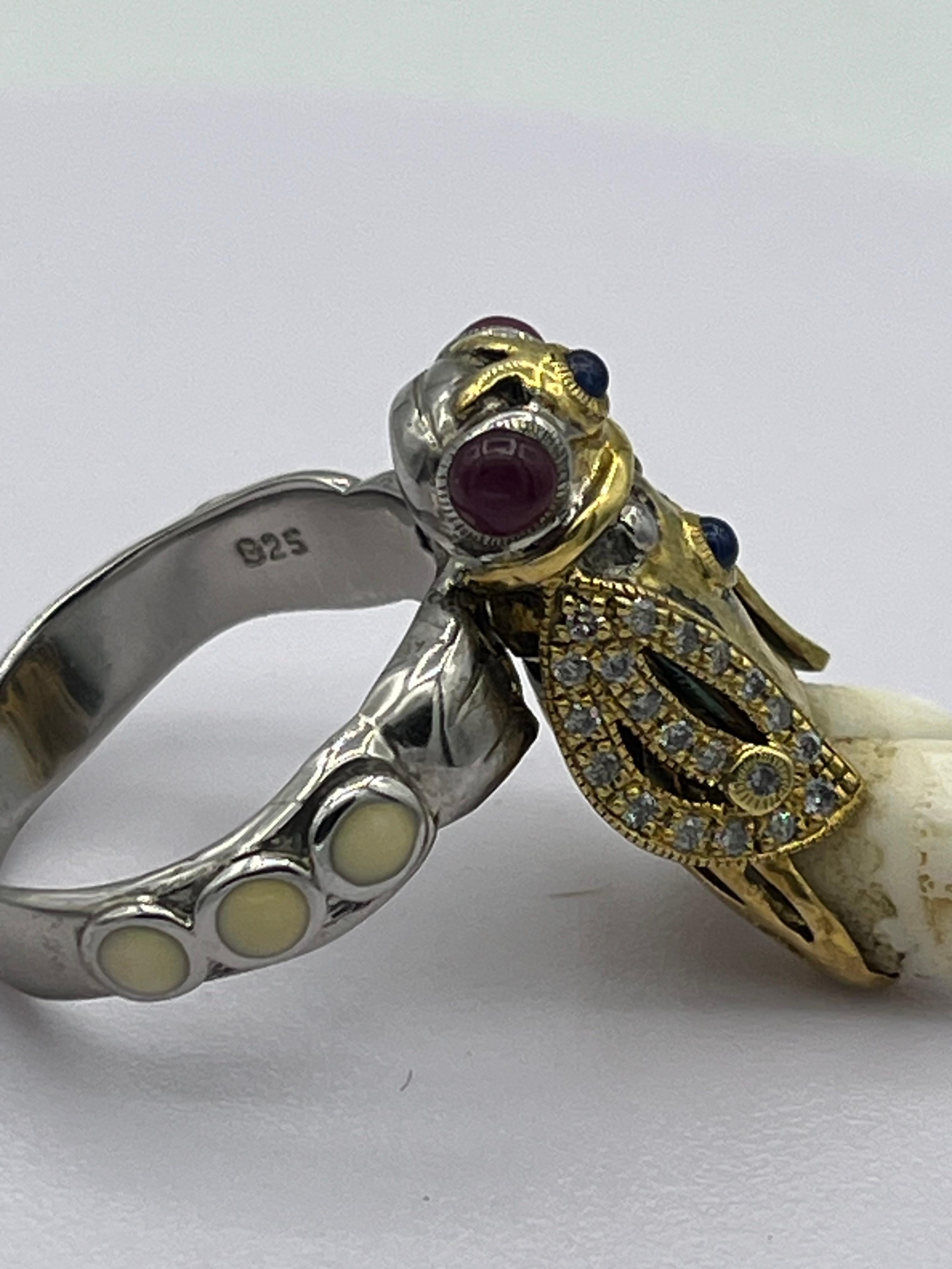 Bee Ring Diamond Ruby Sapphire Silver For Sale 1