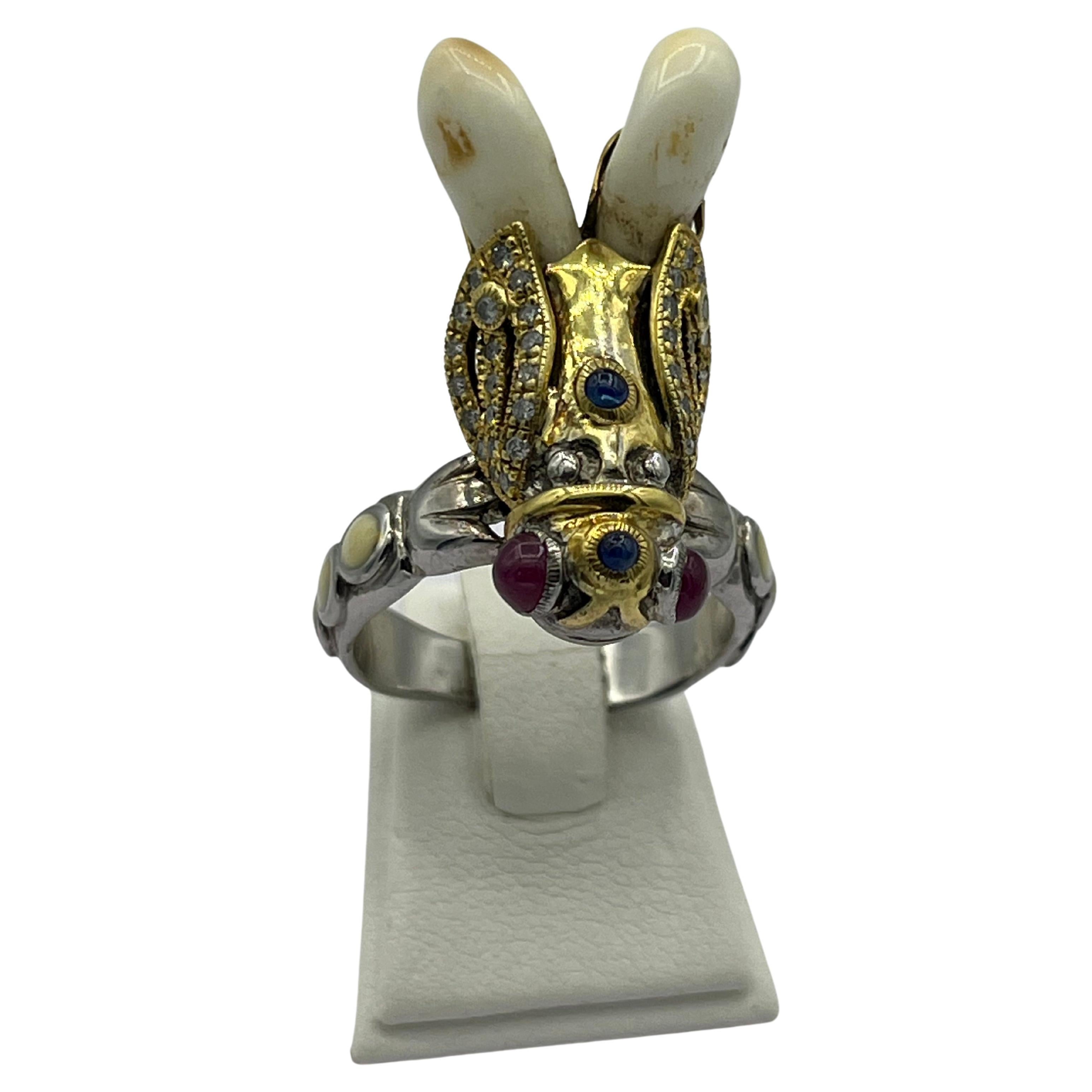 Bee Ring Diamond Ruby Sapphire Silver For Sale