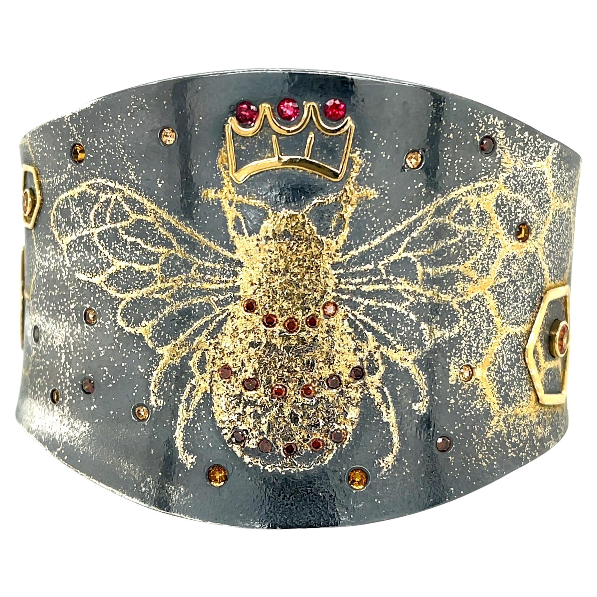 "Bee Strong" Cuff Bracelet with Oxidized Sterling Silver and 24Karat Gold Dust For Sale