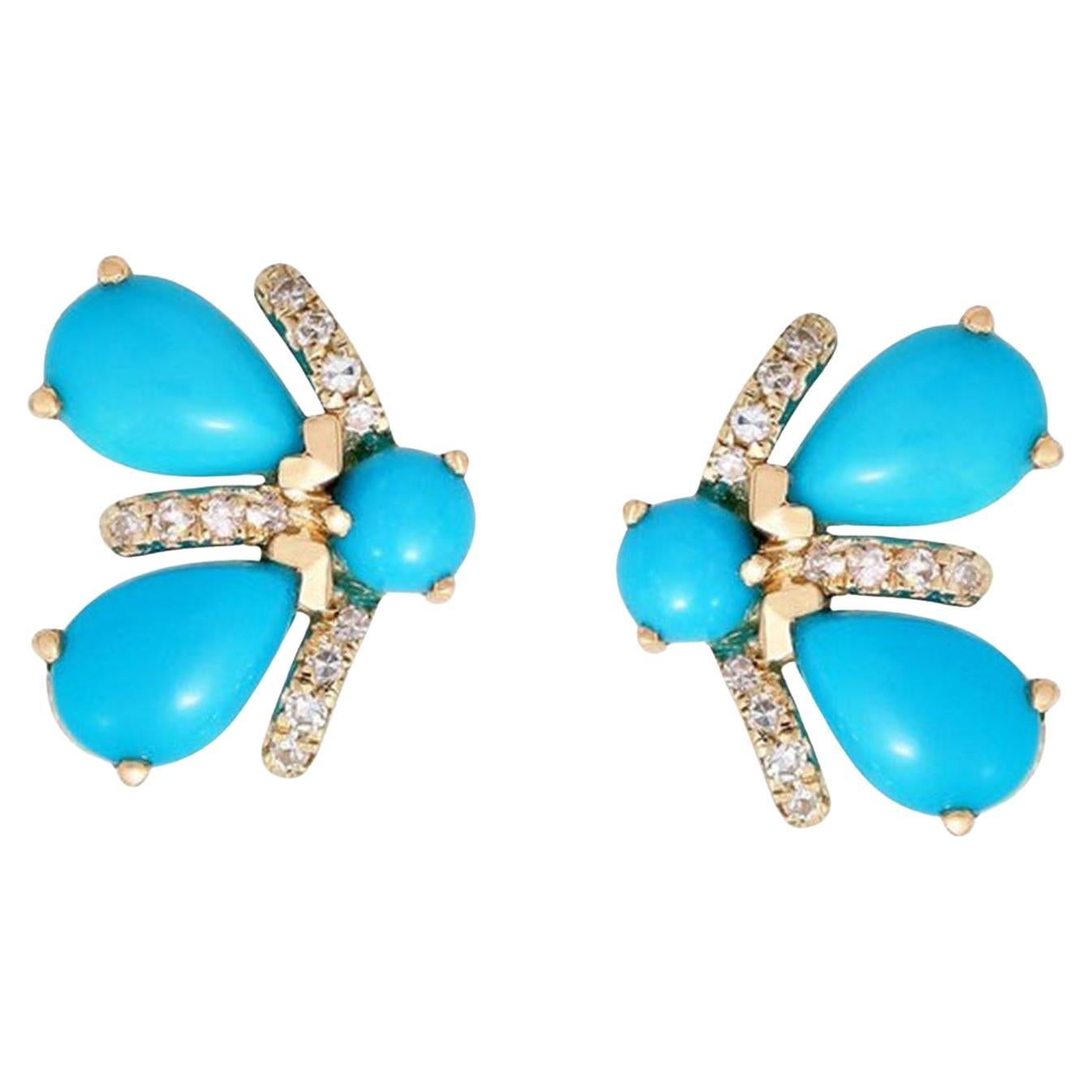 Bee Wing 14K (or 18k upon request) Yellow Gold Turquoise Diamond Earrings For Sale