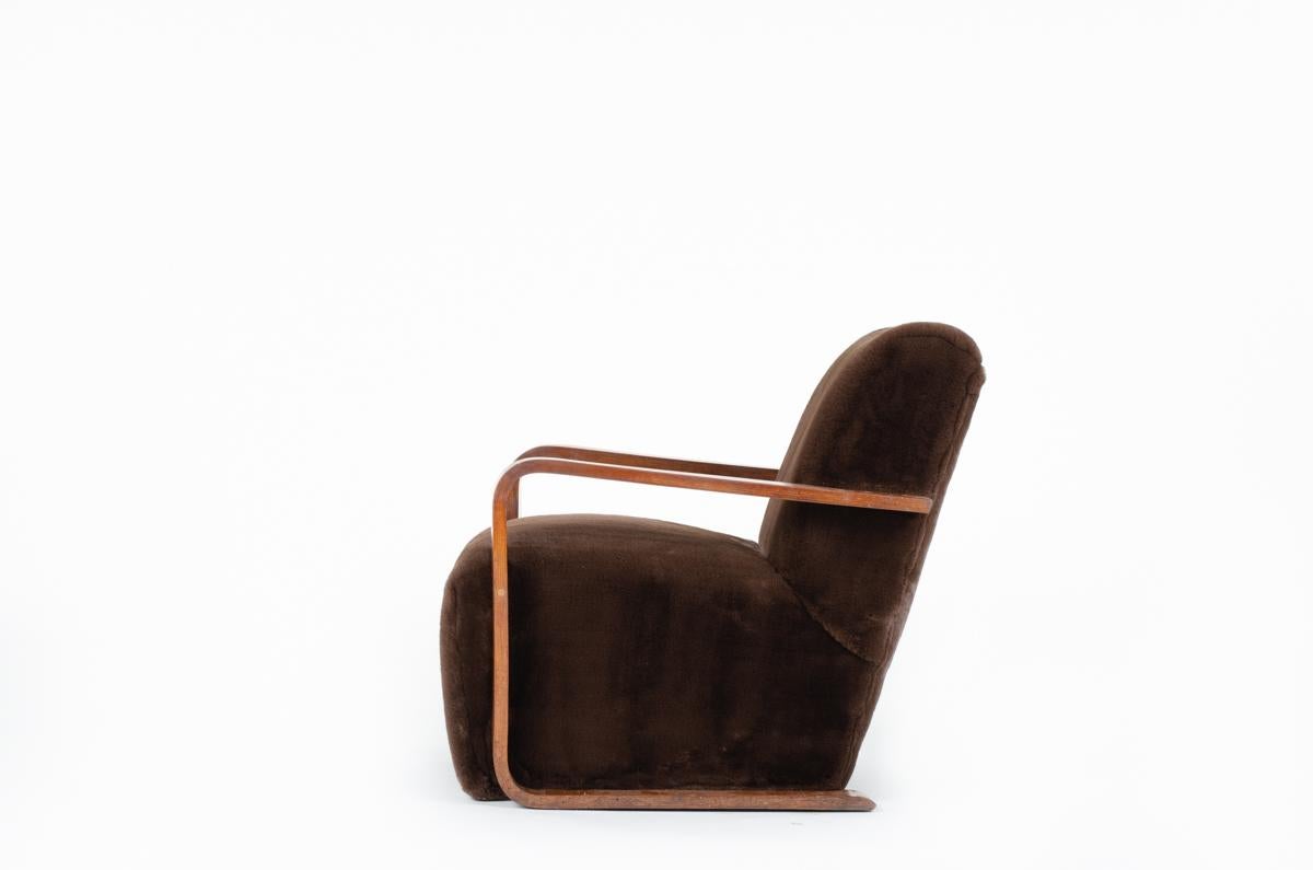 French Beech and Brown Fleece Armchair Art Deco Design, 1930 For Sale