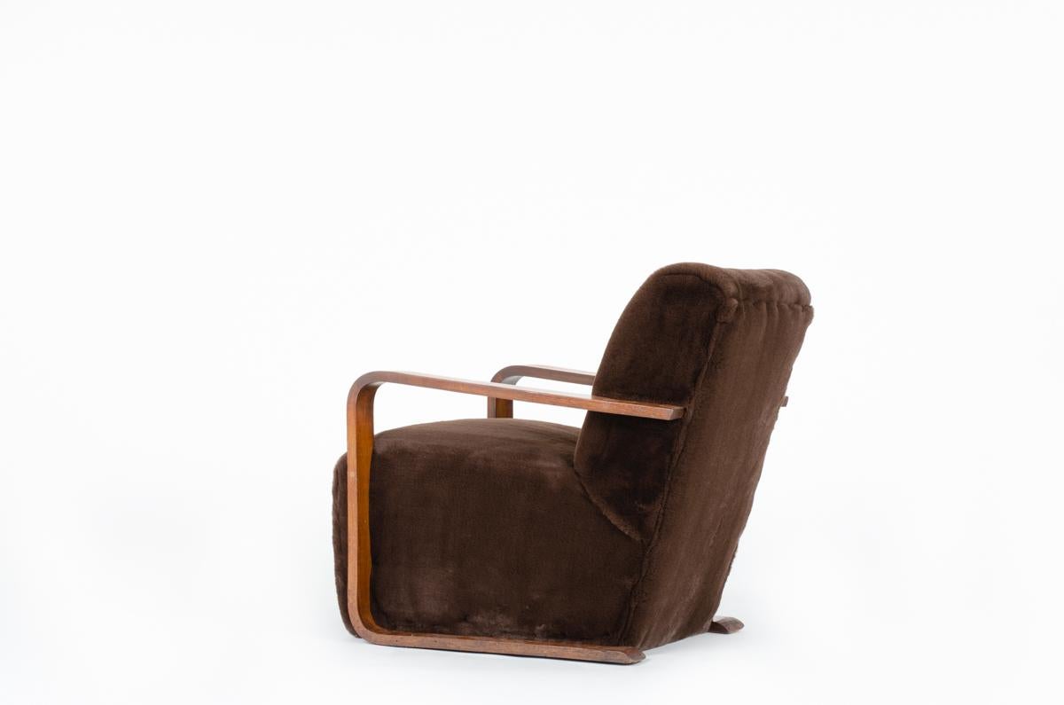 Beech and Brown Fleece Armchair Art Deco Design, 1930 In Good Condition For Sale In JASSANS-RIOTTIER, FR
